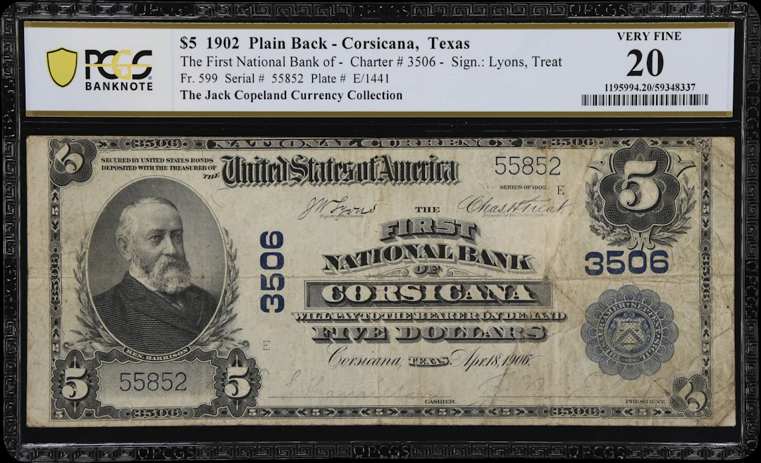 Corsicana, Texas. $5 1902 Plain Back. Fr. 599. First NB. Charter #3506.