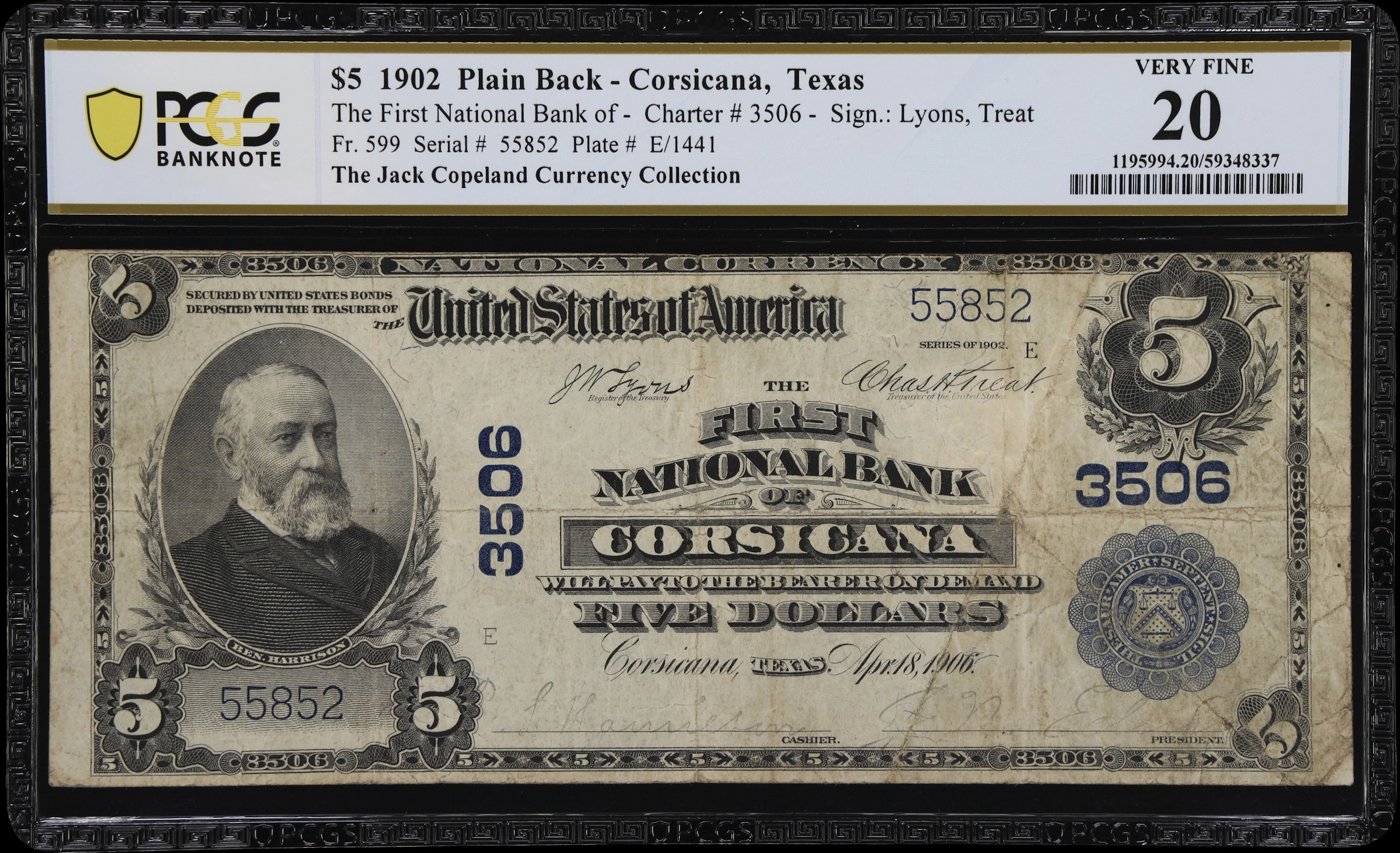 Corsicana, Texas. $5 1902 Plain Back. Fr. 599. First NB. Charter #3506.