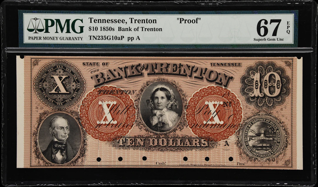 Trenton, Tennessee. Bank of Trenton. 18xx $10. PMG Superb Gem Uncirculated
