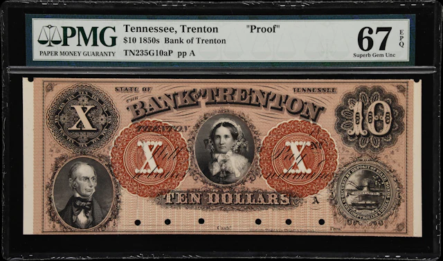 Trenton, Tennessee. Bank of Trenton. 18xx $10. PMG Superb Gem Uncirculated