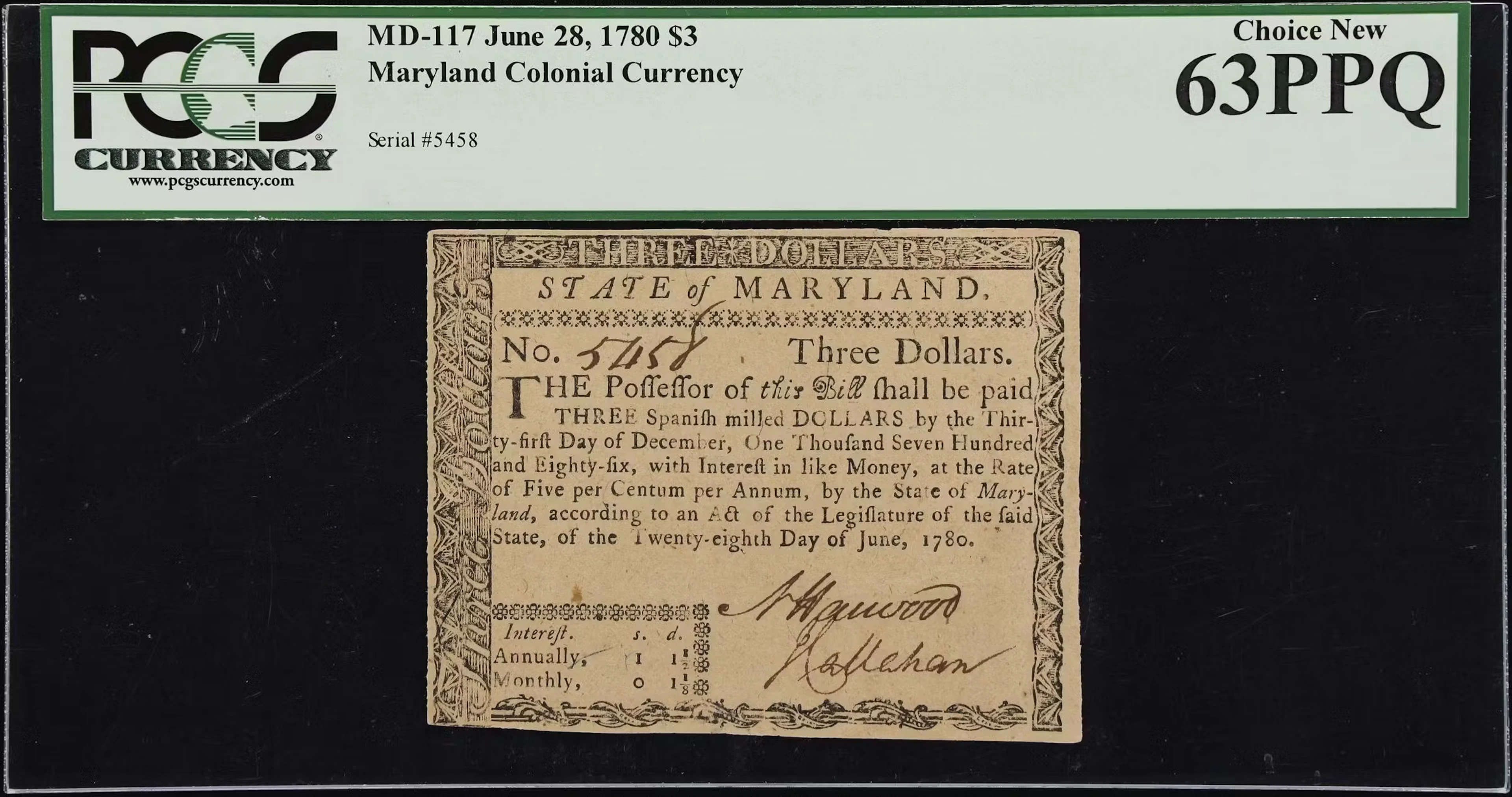 MD-117. Maryland. June 28, 1780. $3. PCGS Currency Choice New 63 PPQ.