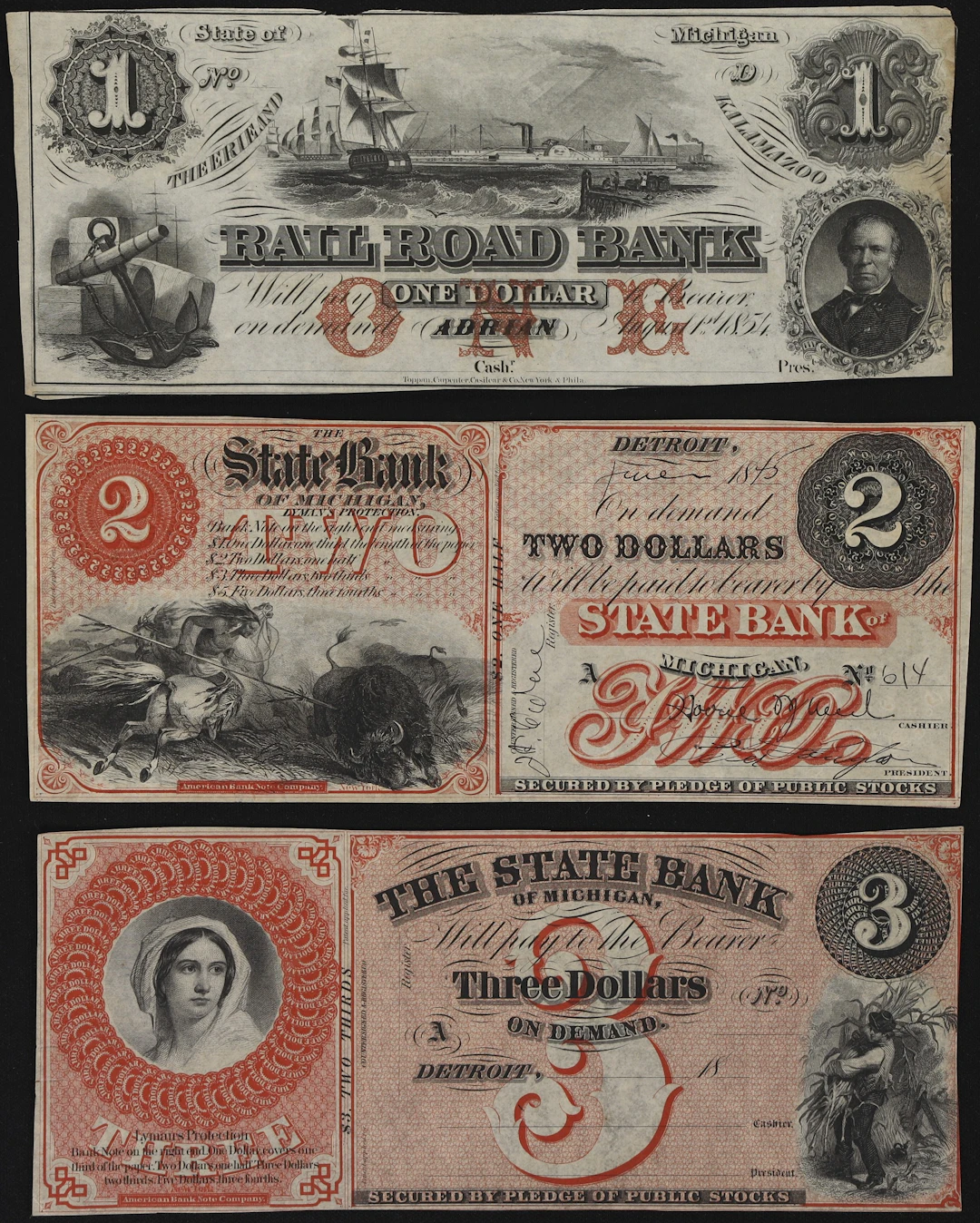 Lot of (3) Michigan Obsoletes. Mixed Issuers. 1850s - 60s $1, $2
