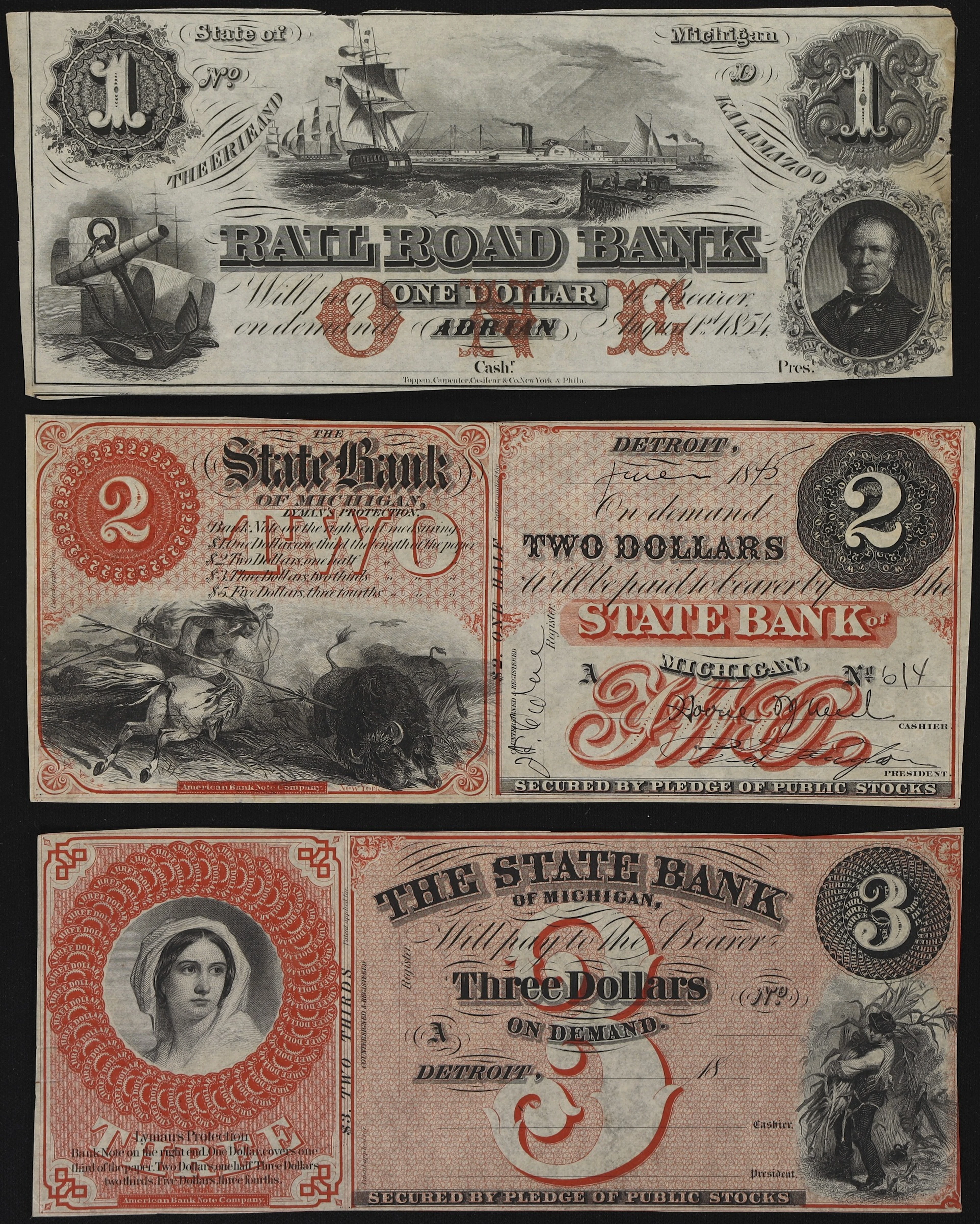 Lot of (3) Michigan Obsoletes. Mixed Issuers. 1850s - 60s $1, $2