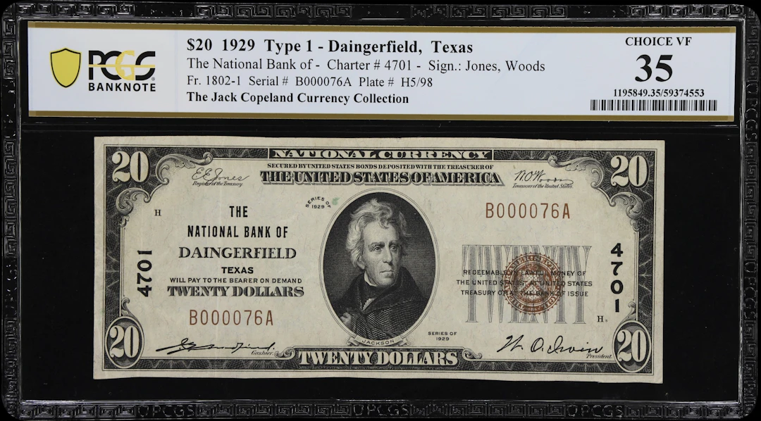 Daingerfield, Texas. $20 1929 Ty. 1. Fr. 1802-1. NB. Charter #4701.