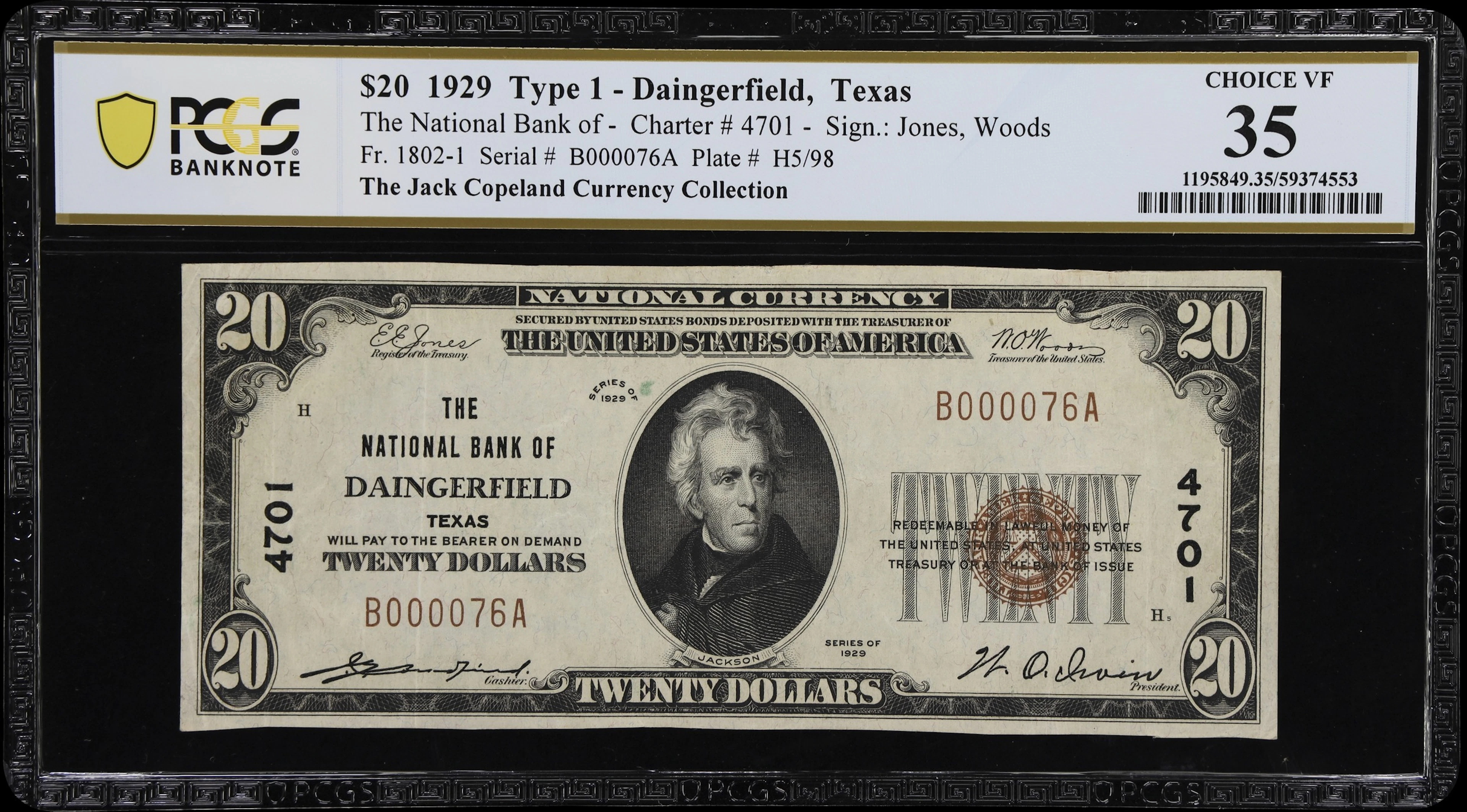 Daingerfield, Texas. $20 1929 Ty. 1. Fr. 1802-1. NB. Charter #4701.