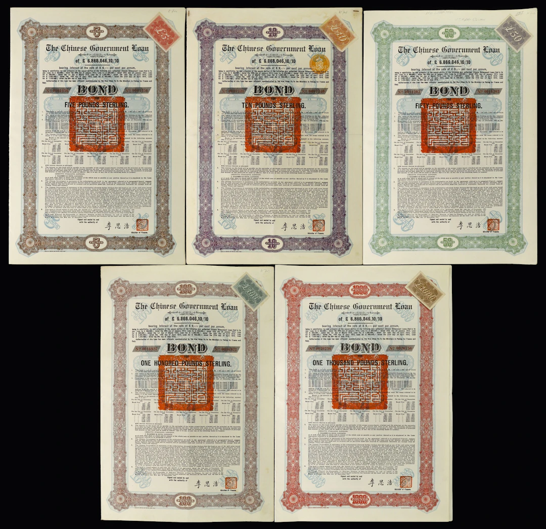 CHINA--REPUBLIC. Lot of (5). 1925 8% The Chinese Government (Skoda)