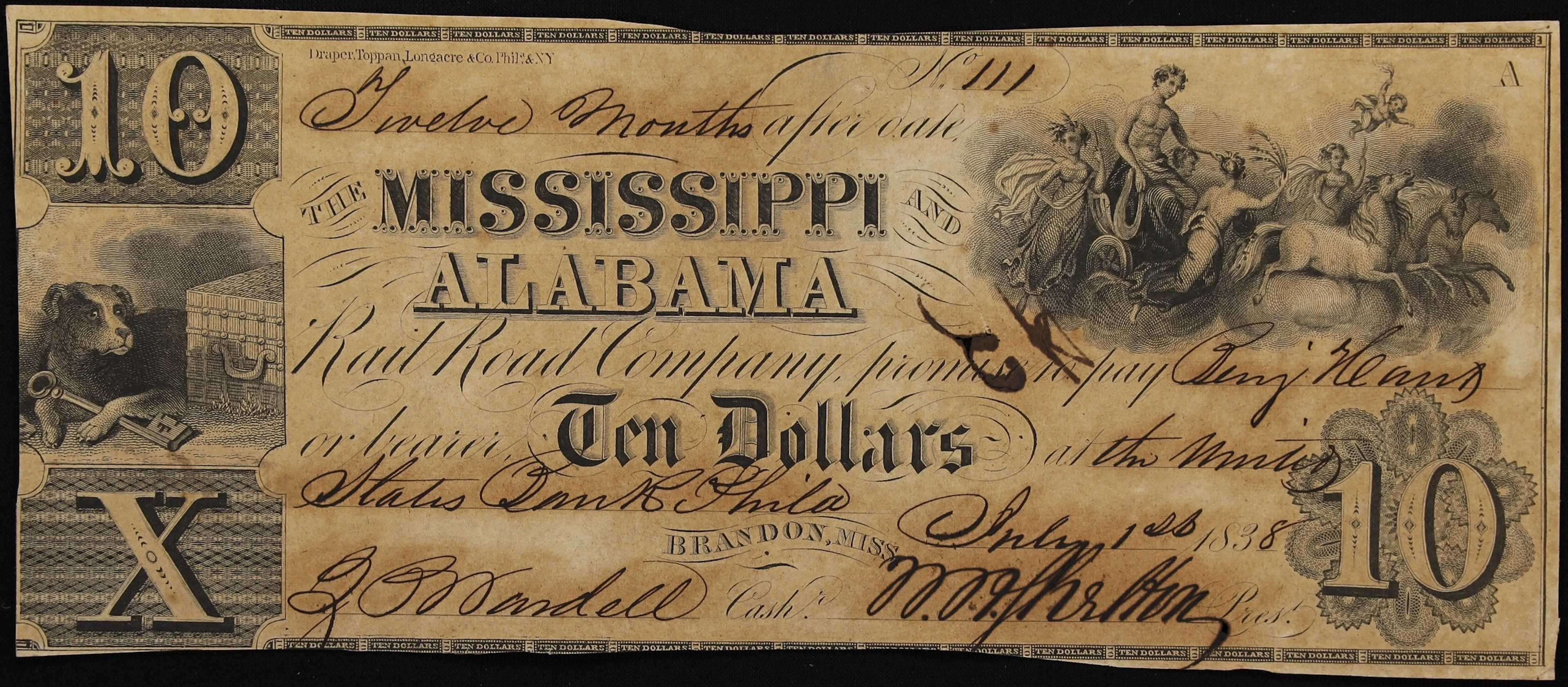 Brandon, Mississippi. Mississippi & Alabama Rail Road Company. 1838