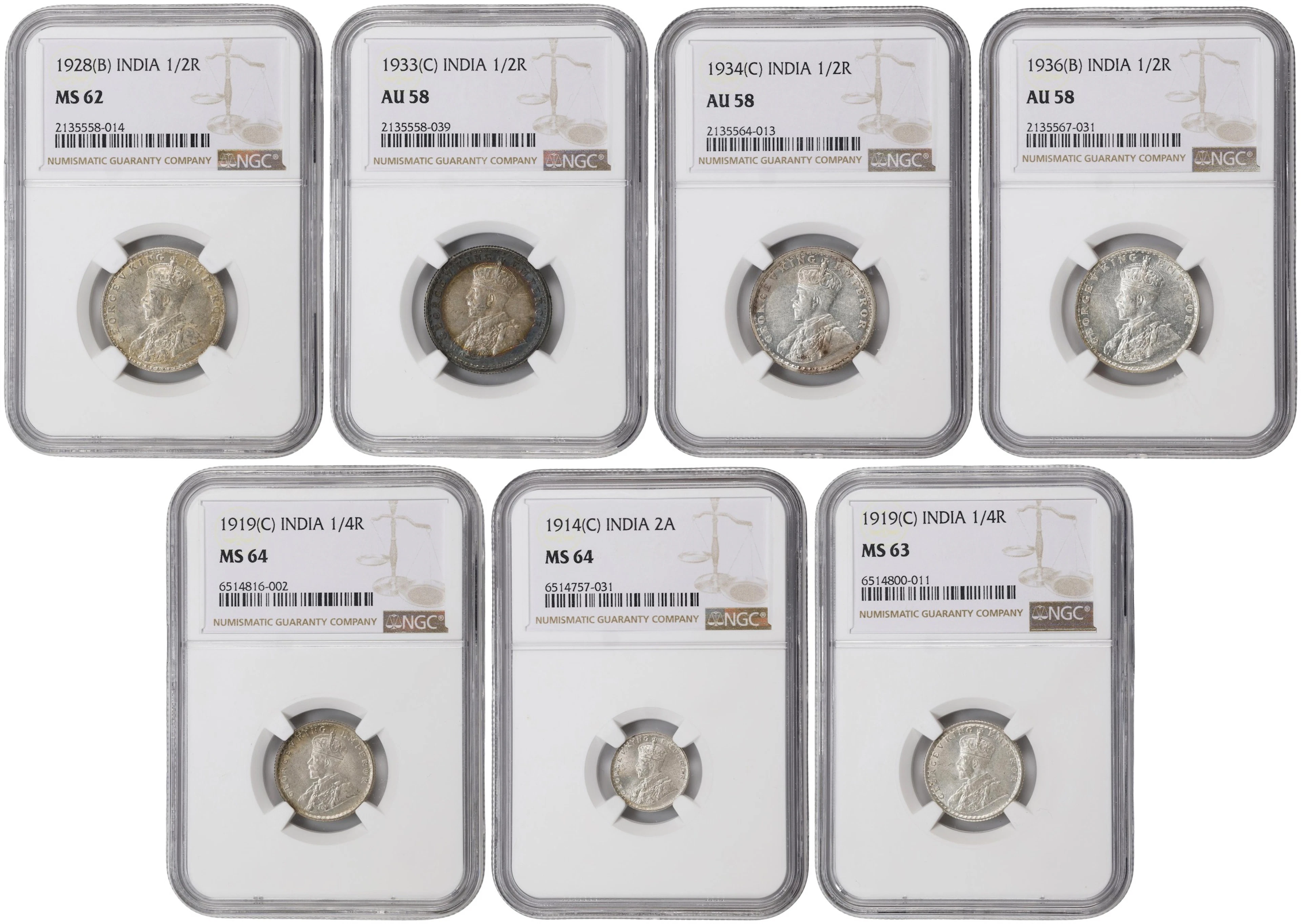 INDIA. Septet of Silver Denominations (7 Pieces), 1914-36. George
