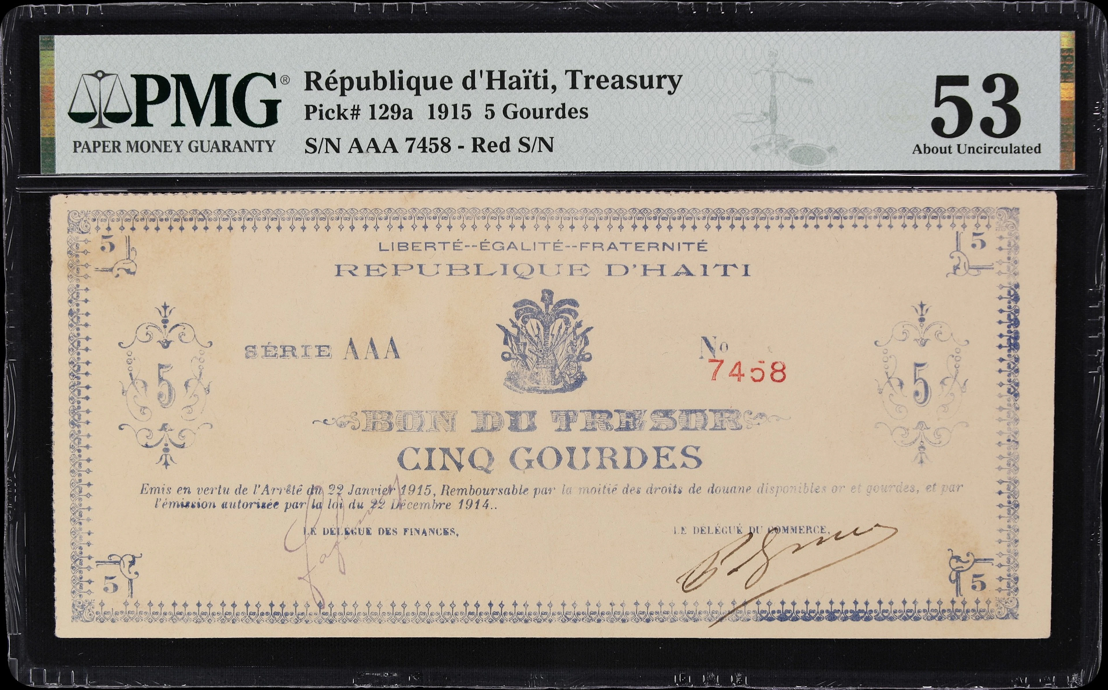 HAITI. Republique d'Haiti. 5 Gourdes, 22.1.1915. P-129a. PMG About