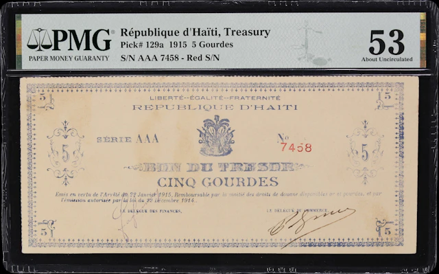 HAITI. Republique d'Haiti. 5 Gourdes, 22.1.1915. P-129a. PMG About