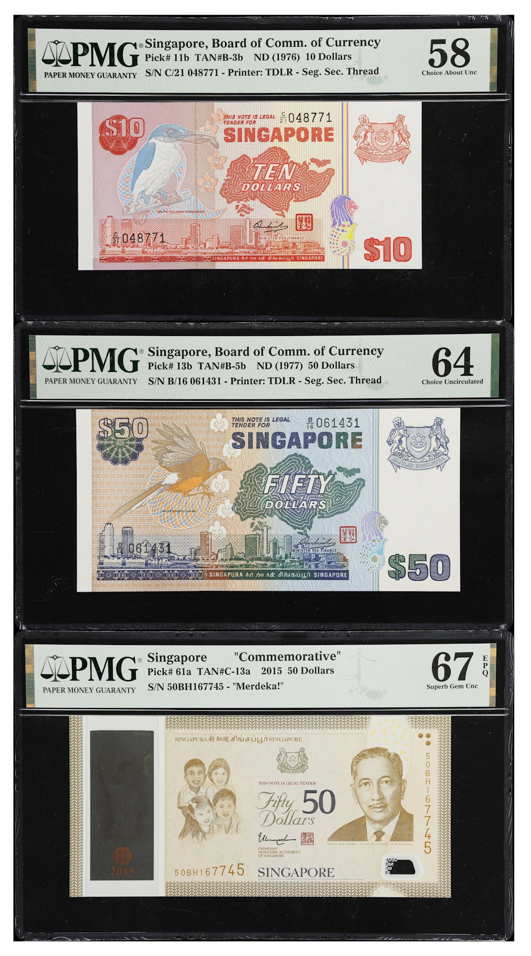 SINGAPORE. Lot of (3). Board of Commissioners of Currency & Monetary