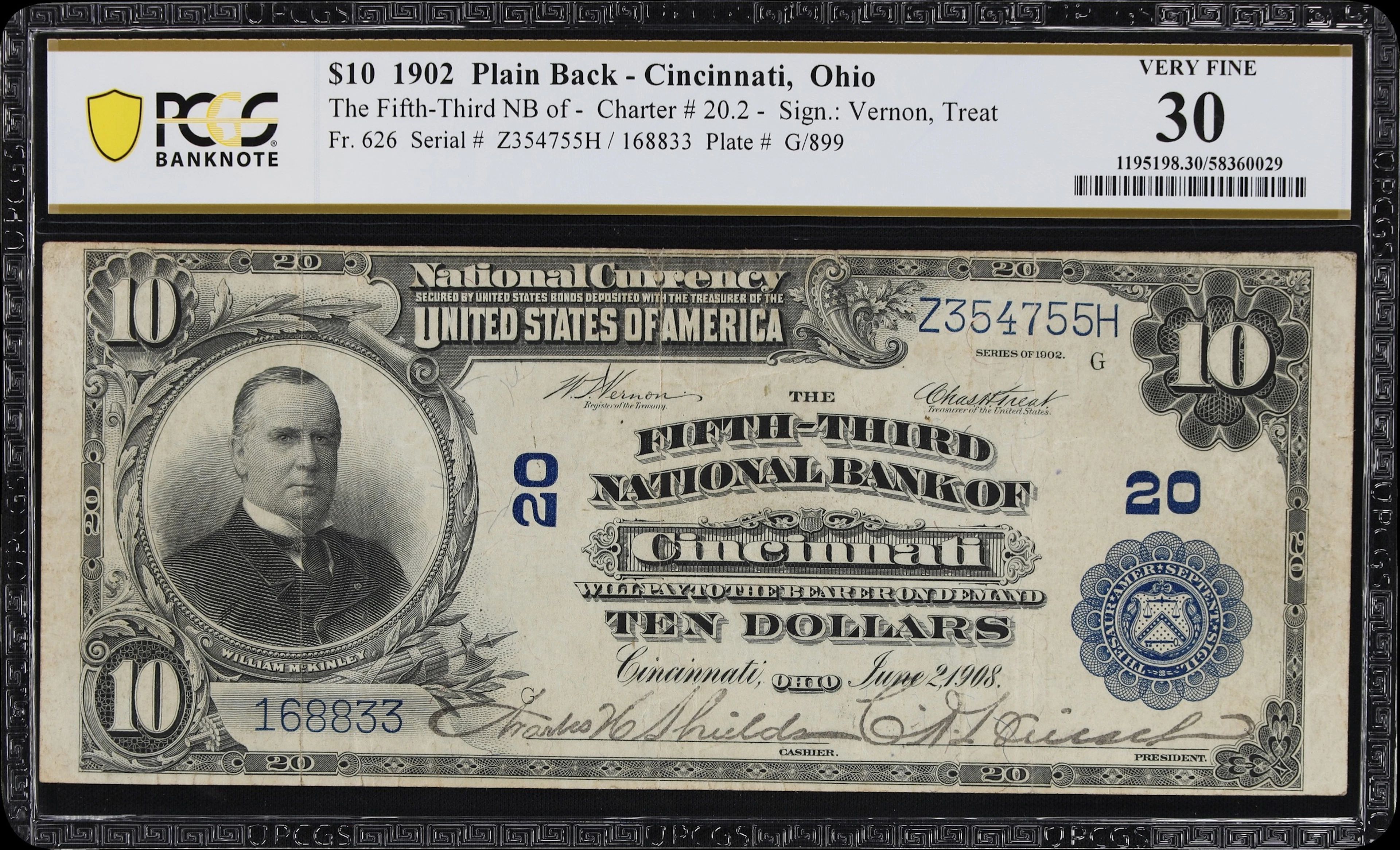 Cincinnati, Ohio. $10 1902 Plain Back. Fr. 626. Fifth-Third NB. Charter
