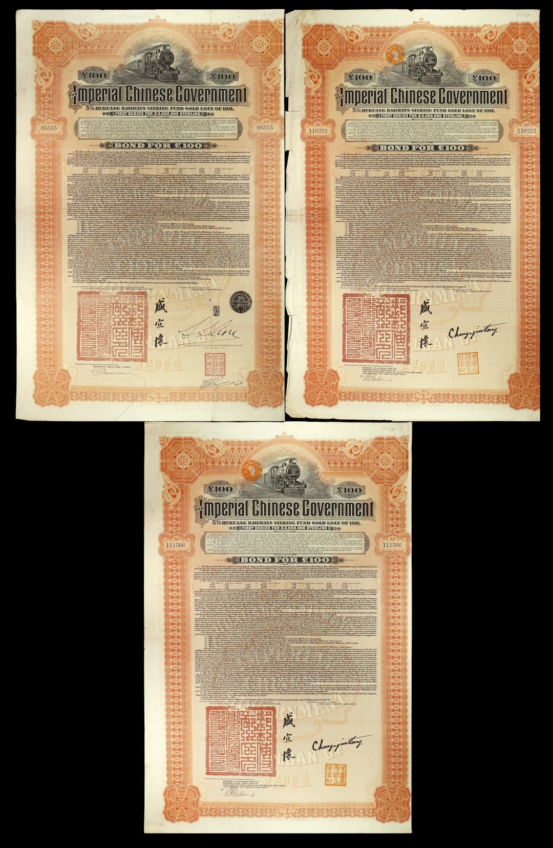 CHINA--EMPIRE. Lot of (3). 1911 5% Imperial Chinese Government Hukuang