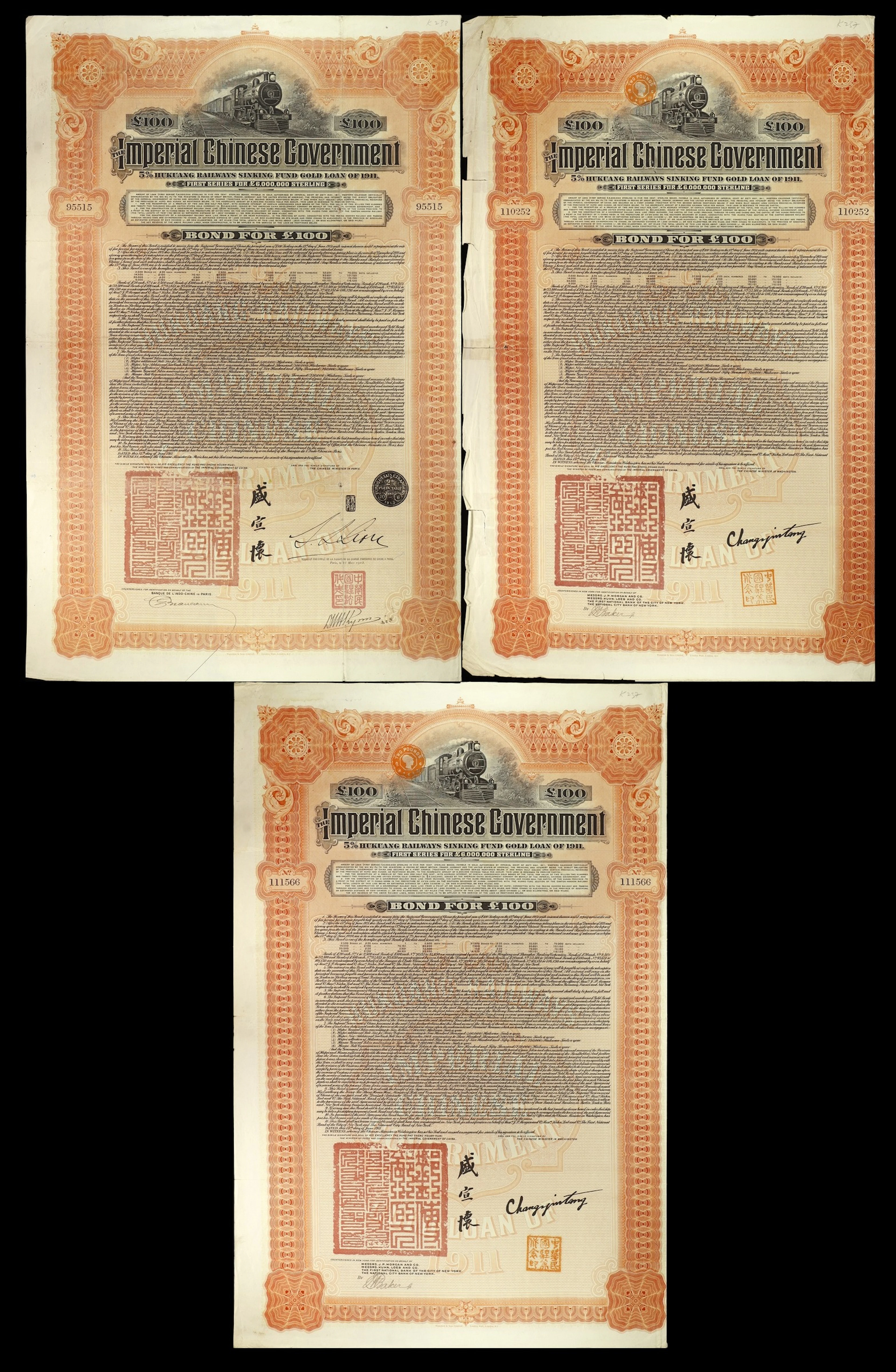 CHINA--EMPIRE. Lot of (3). 1911 5% Imperial Chinese Government Hukuang