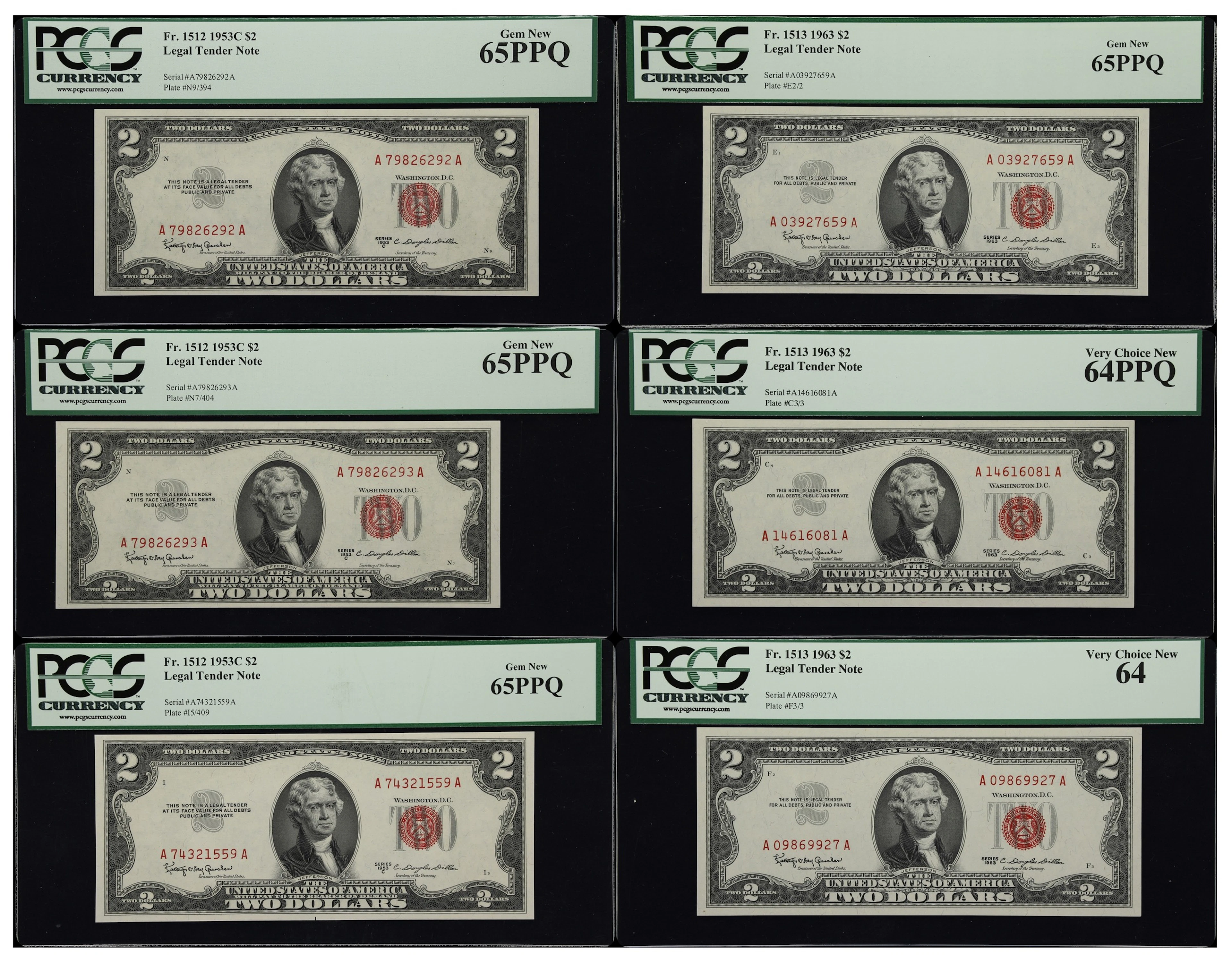 Lot of (6) Fr. 1512 & 1513. 1963 $2 Legal Tender Notes. PCGS Currency