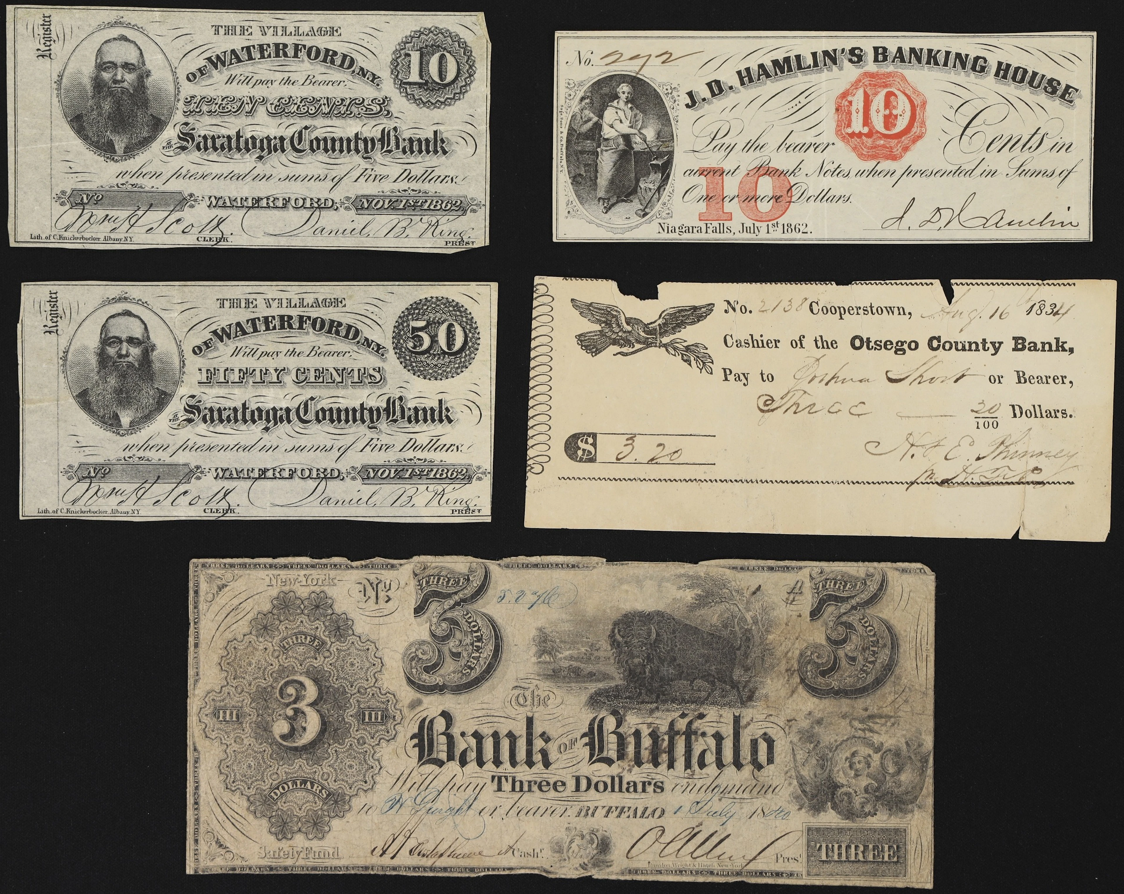 Lot of (5) New York Obsoletes. Mixed Issuers. 1834 - 62 Mixed Denominations.