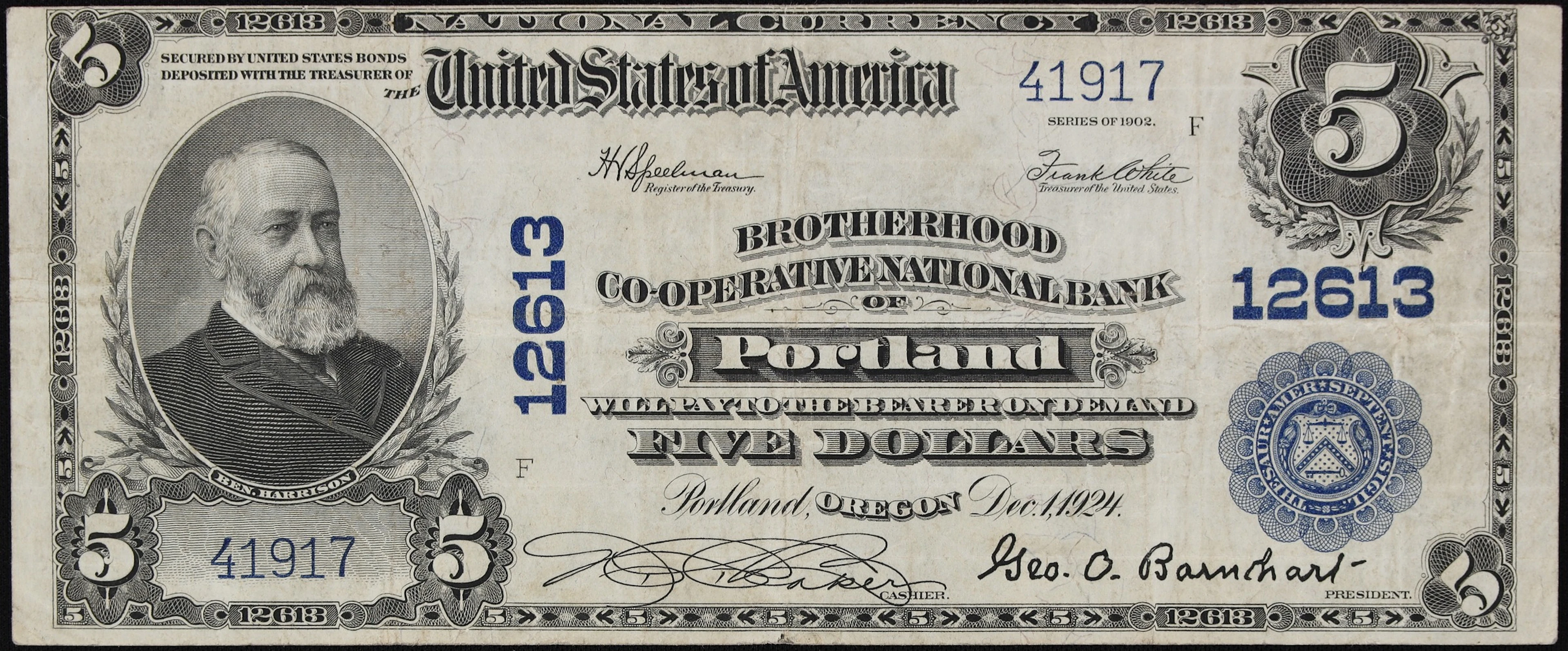 Portland, Oregon. $5 1902 Plain Back. Fr. 609. Brotherhood Co-operative