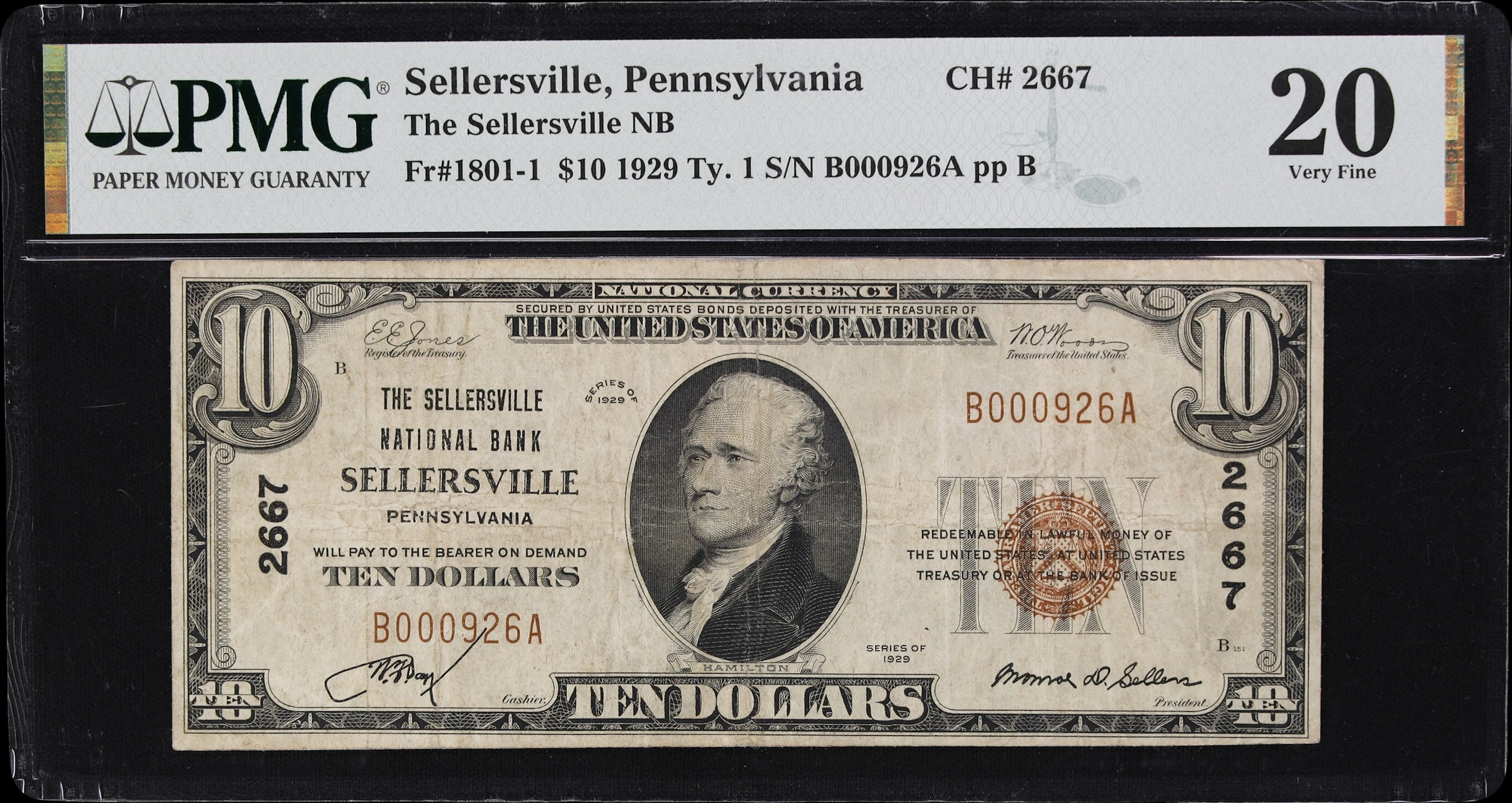 Sellersville, Pennsylvania. $10 1929 Ty. 1. Fr. 1801-1. Sellersville