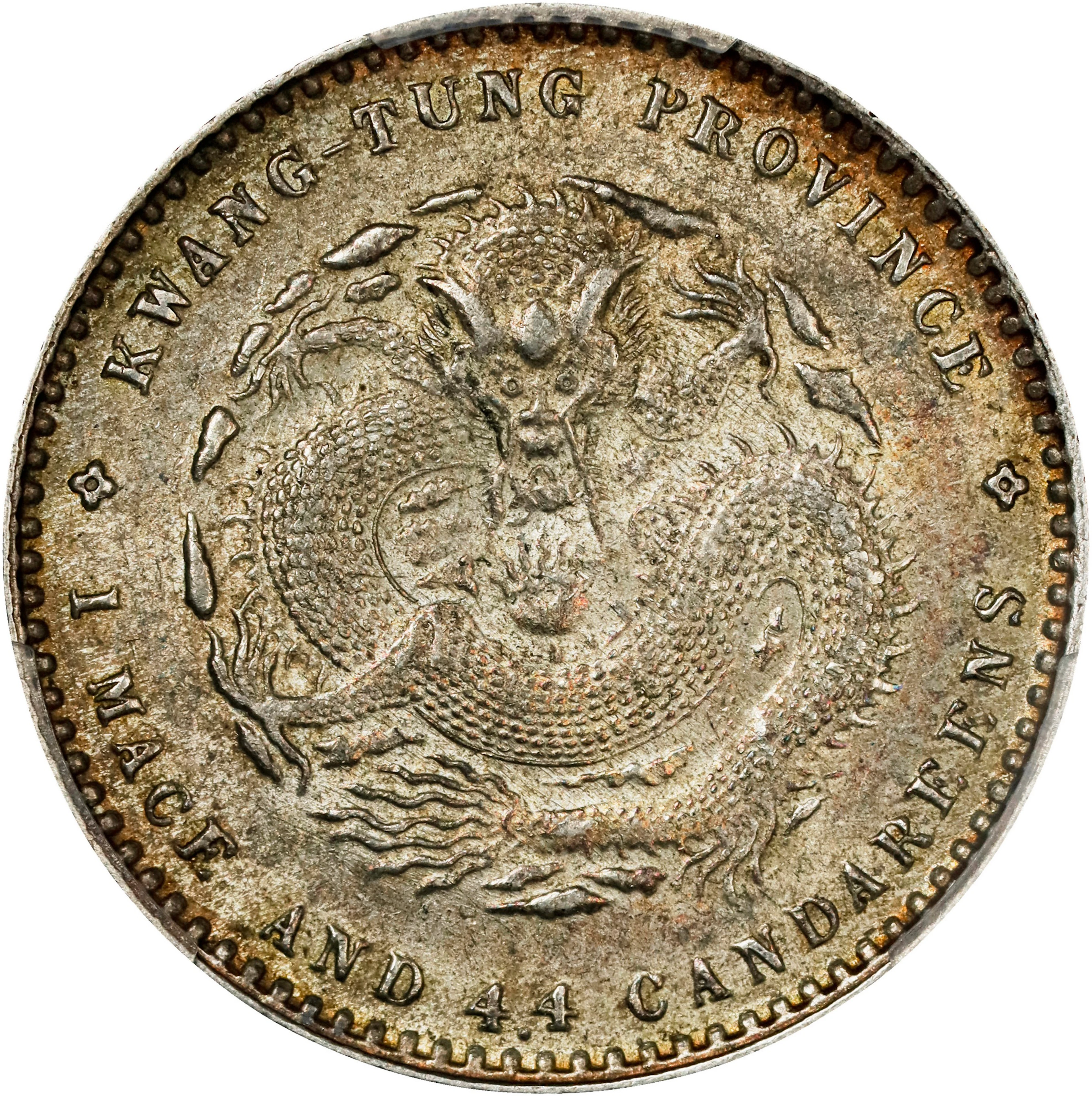 (t) CHINA. Kwangtung. 1 Mace 4.4 Candareens (20 Cents), ND (1890-1908).
