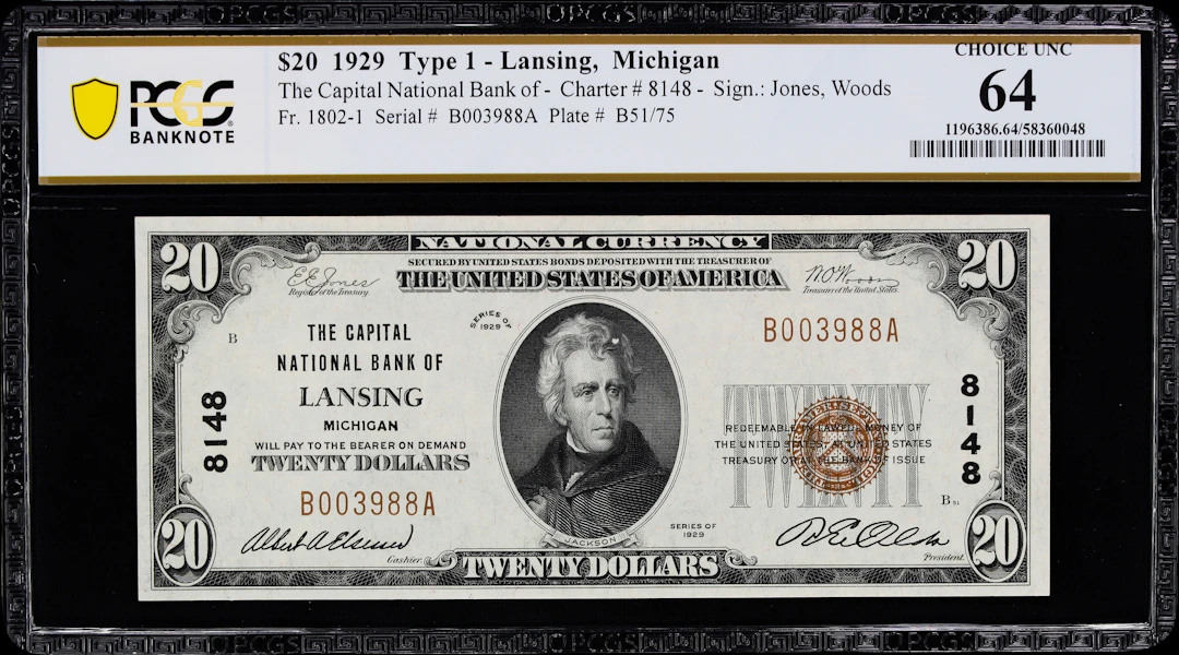 Lansing, Michigan. $20 1929 Ty. 1. Fr. 1802-1. Capital NB. Charter