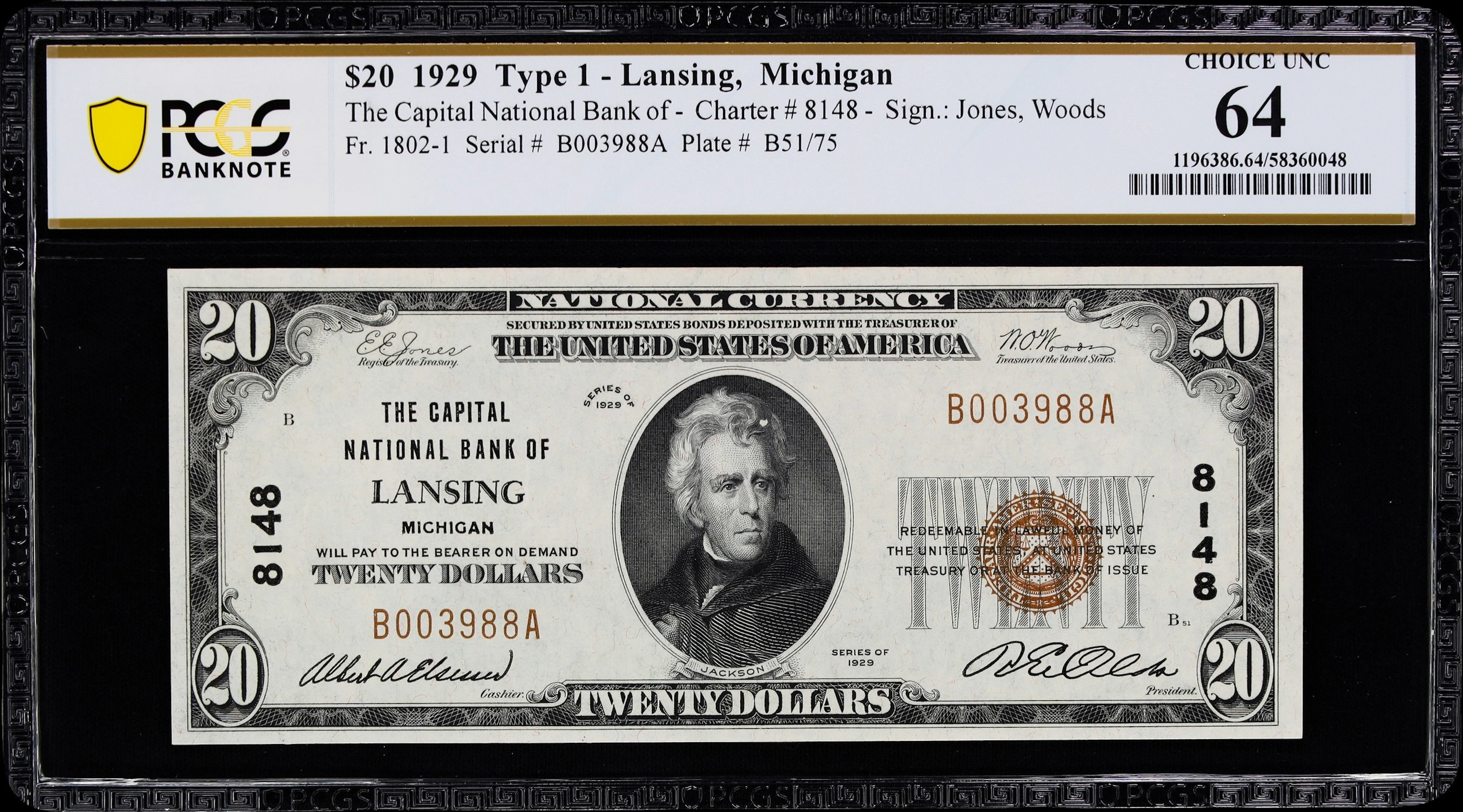 Lansing, Michigan. $20 1929 Ty. 1. Fr. 1802-1. Capital NB. Charter