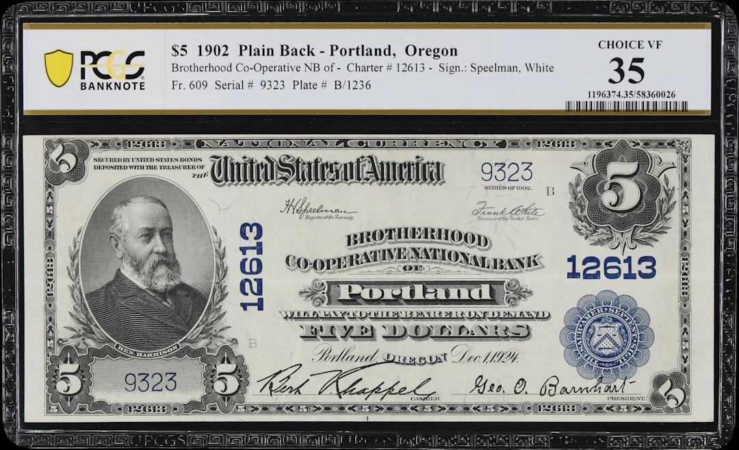 Portland, Oregon. $5 1902 Plain Back. Fr. 609. Brotherhood Co-Operative