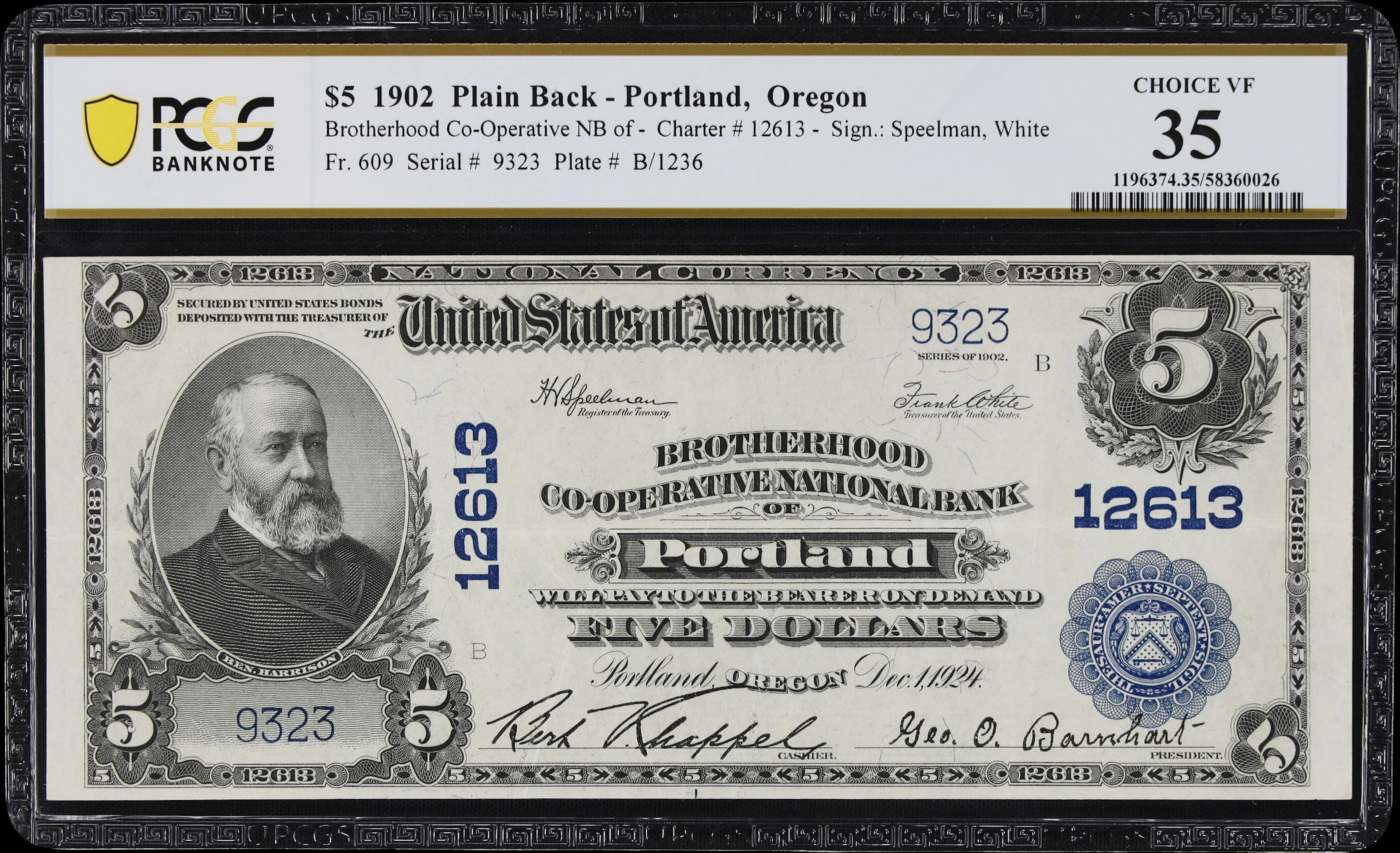 Portland, Oregon. $5 1902 Plain Back. Fr. 609. Brotherhood Co-Operative