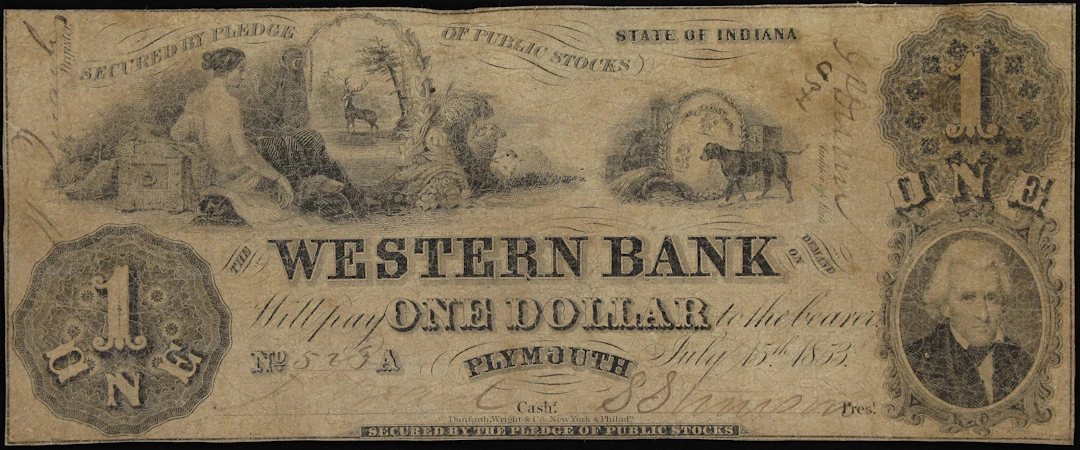 Plymouth, Indiana. Western Bank. 1853 $1. Very Good.