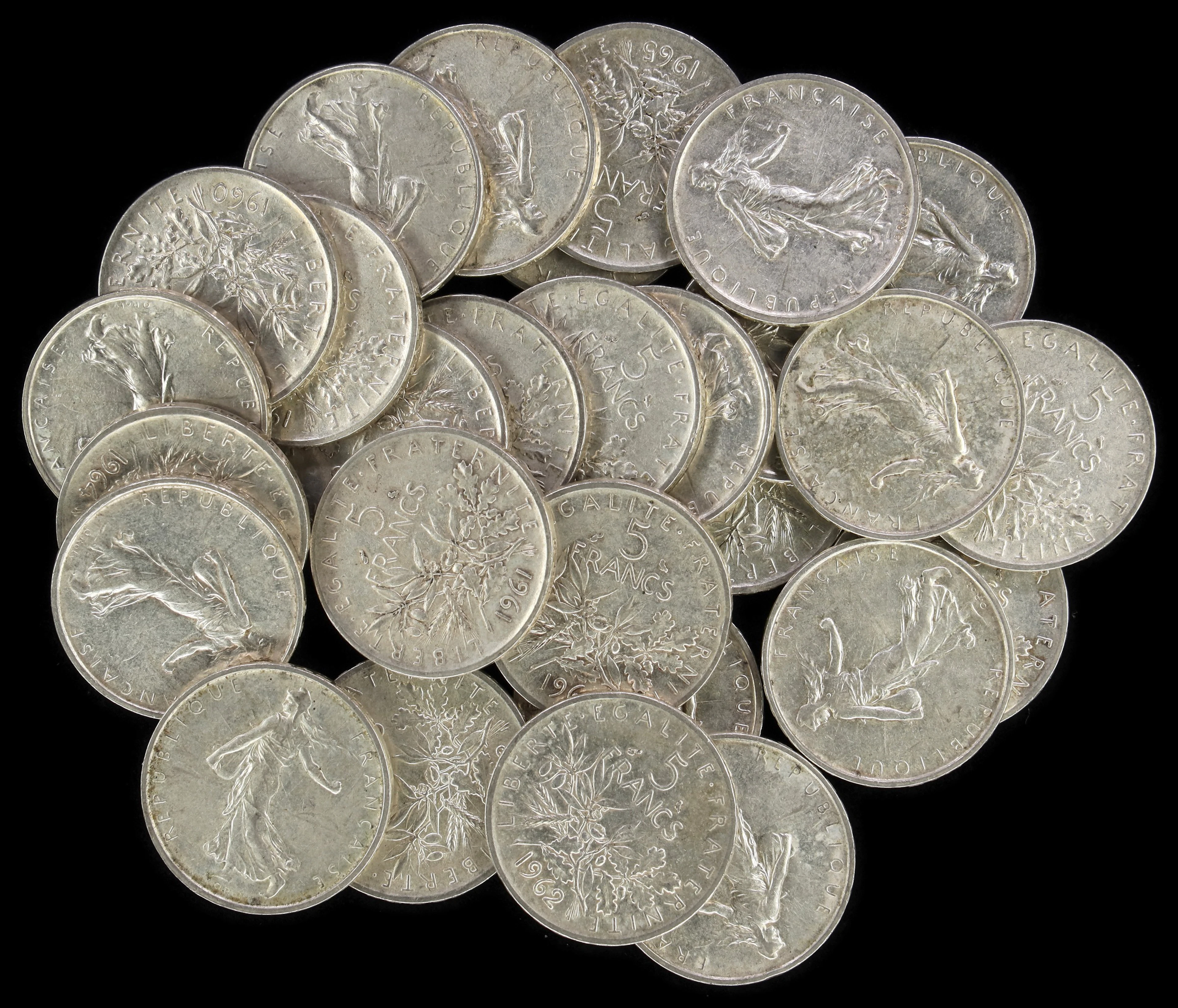 (9.016 oz, 280.434 g ASW). France. Lot of (28) Mixed Date Silver 5 Francs.