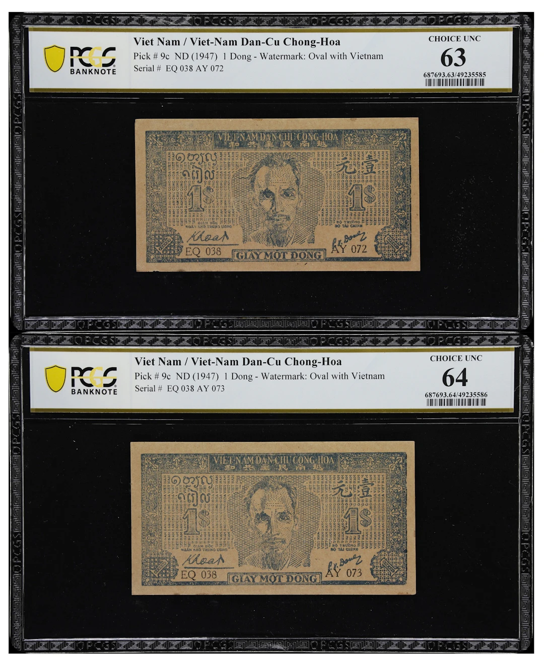 VIETNAM. Lot of (2). Viet-Nam Dan-Chu Chong-Hoa. 1 Dong, ND (1947).
