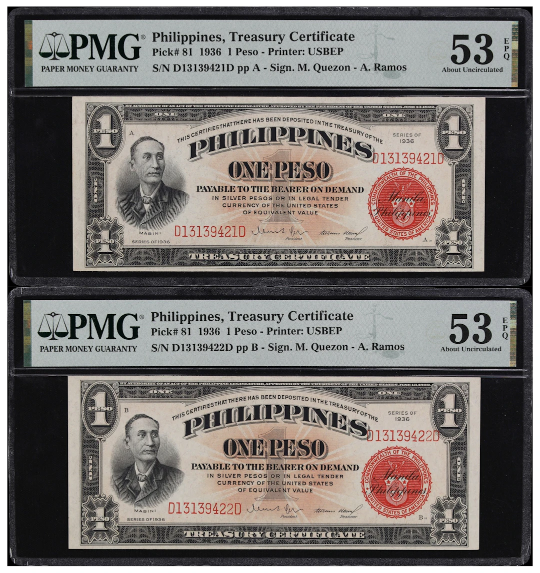 PHILIPPINES. Lot of (2). Treasury of the Philippines. 1 Peso, 1936.
