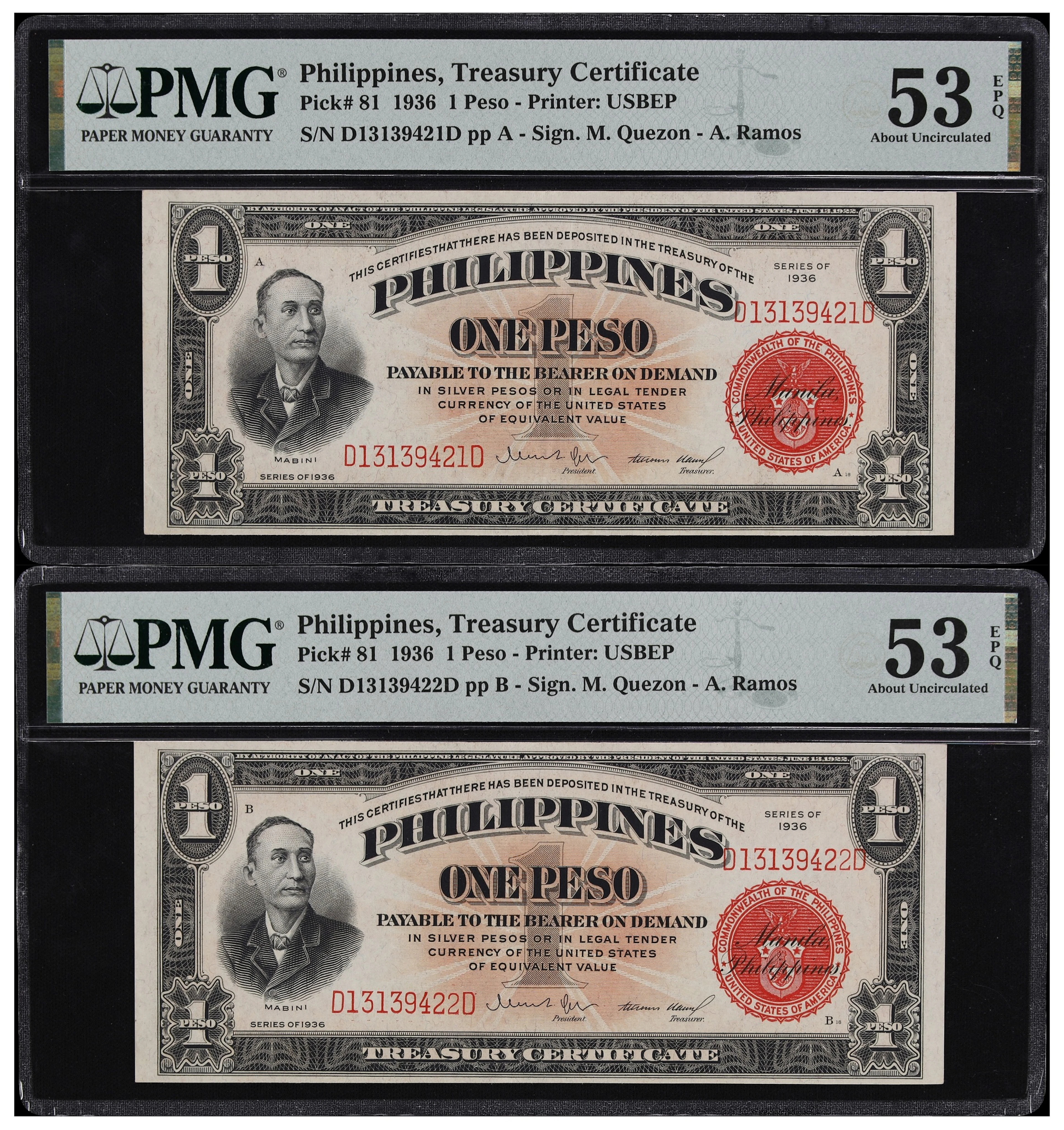 PHILIPPINES. Lot of (2). Treasury of the Philippines. 1 Peso, 1936.