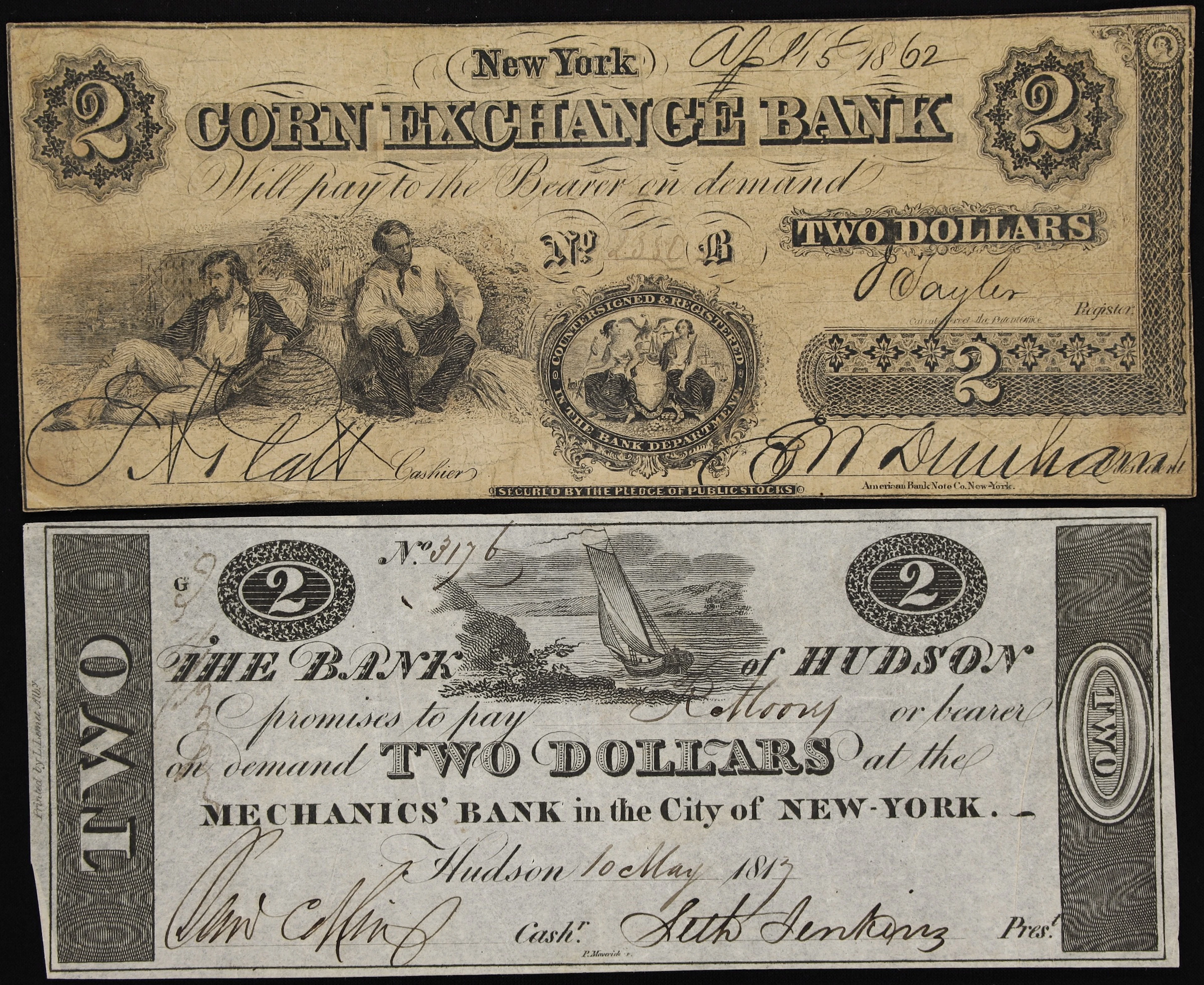 Lot of (2) Hudson & New York, New York. Bank of Hudson & Corn Exchange