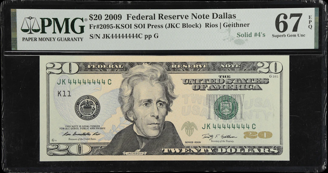 Fr. 2095-KSOI. 2009 $20 Federal Reserve Note. Dallas. PMG Superb Gem