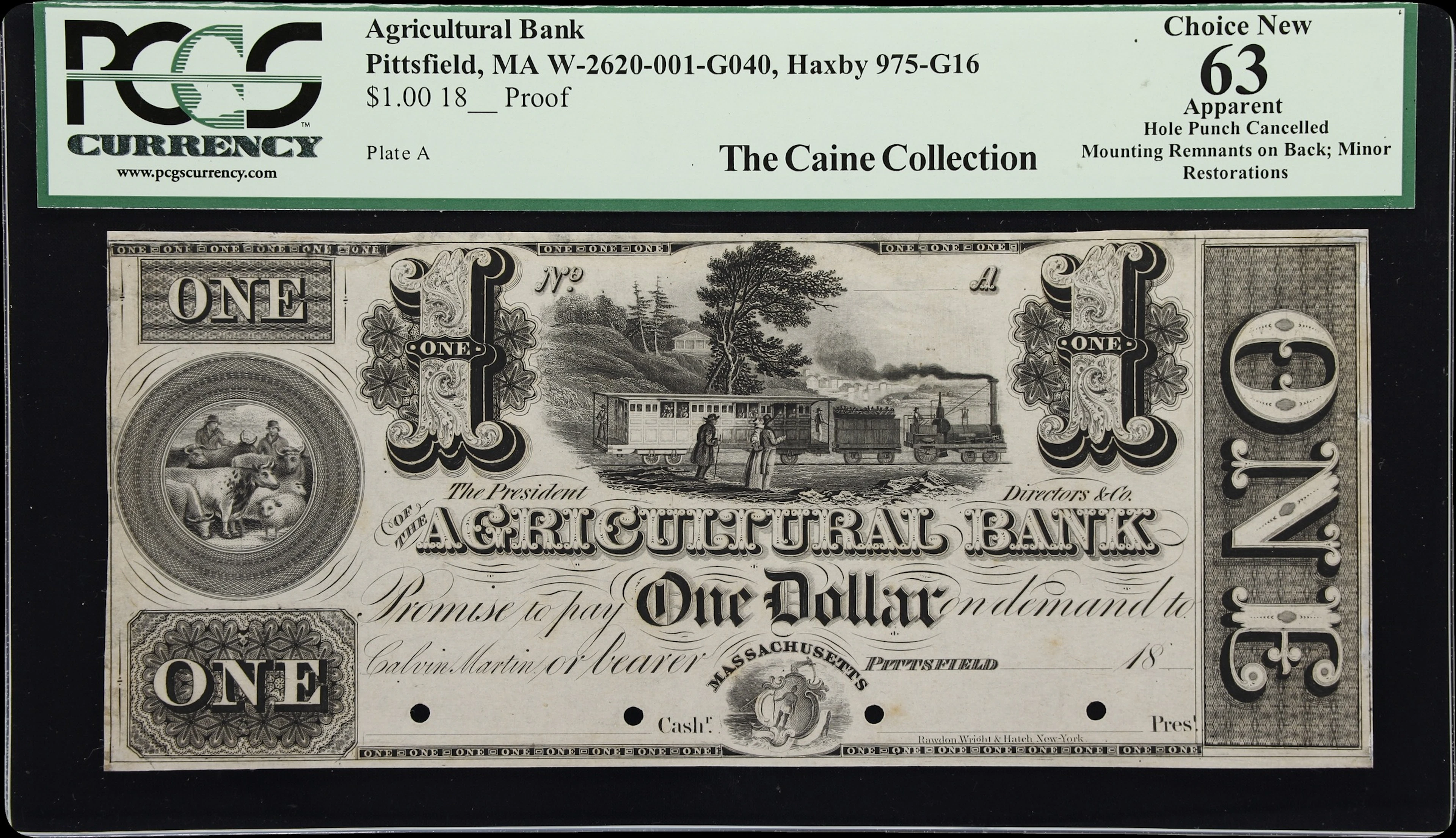 Pittsfield, Massachusetts. Agricultural Bank. 18xx $1. PCGS Currency