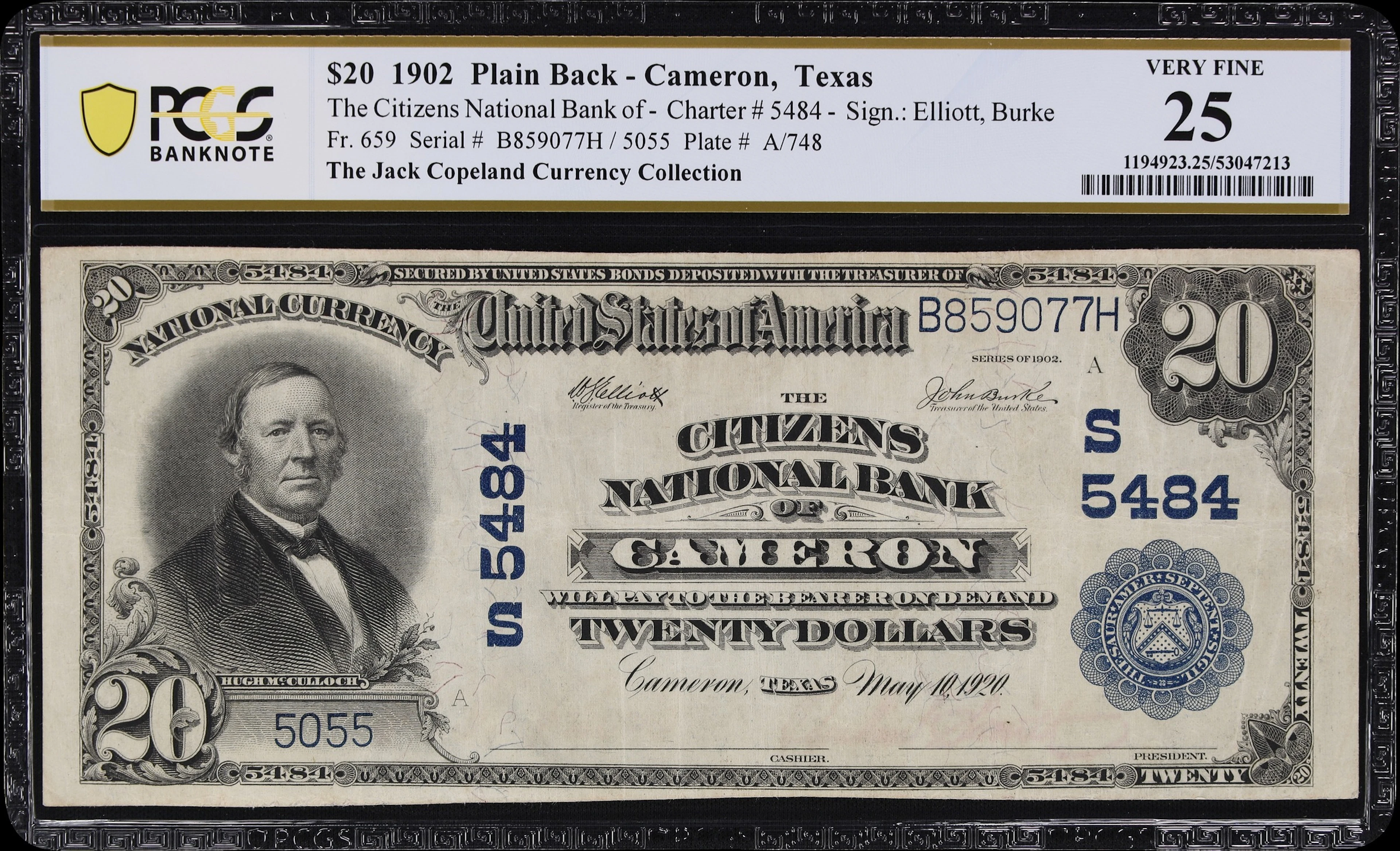 Cameron, Texas. $20 1902 Plain Back. Fr. 659. Citizens NB. Charter