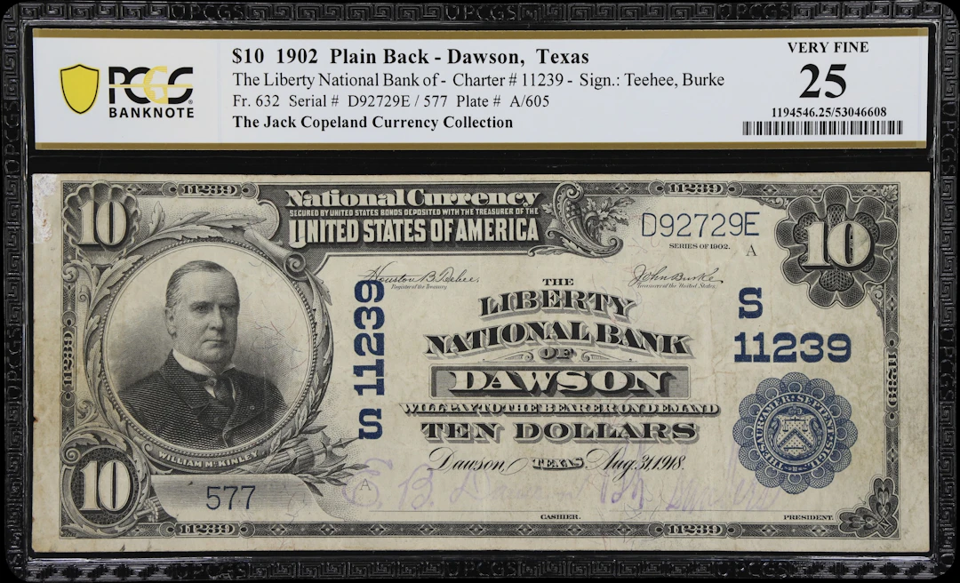 Dawson, Texas. $10 1902 Plain Back. Fr. 632. Liberty NB. Charter #11239.