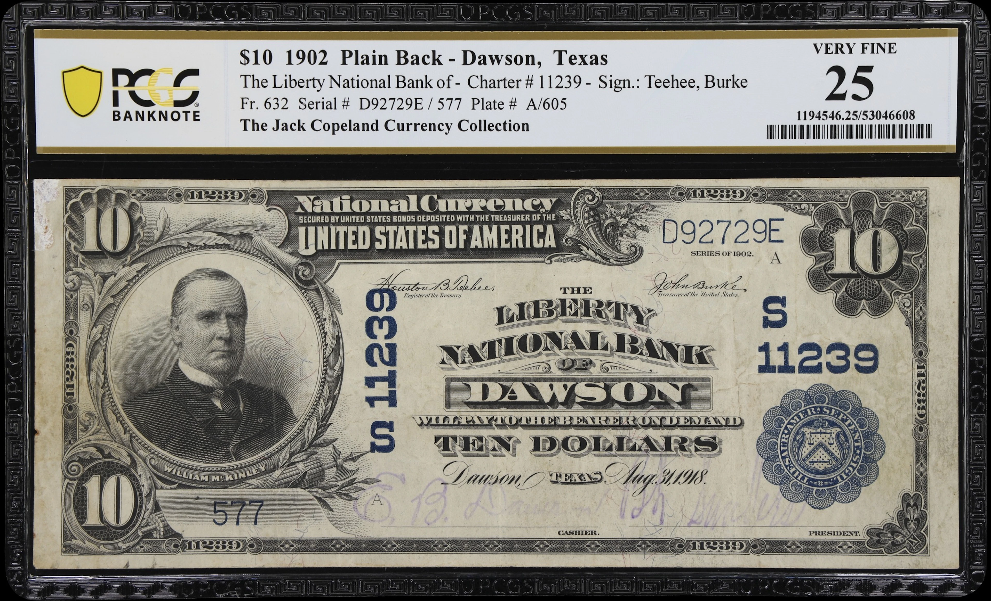 Dawson, Texas. $10 1902 Plain Back. Fr. 632. Liberty NB. Charter #11239.