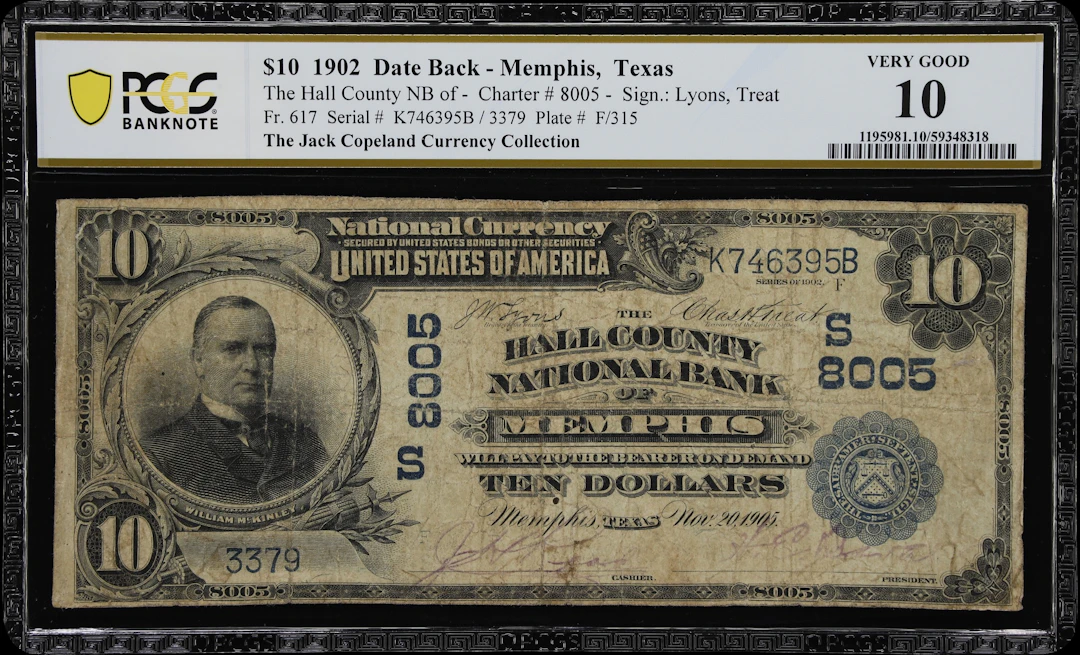 Memphis, Texas. $10 1902 Date Back. Fr. 617. Hall County NB. Charter