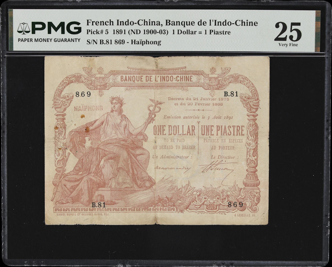FRENCH INDO-CHINA. Banque de l'Indochine. 1 Dollar = 1 Piastre, 3.8.1891.