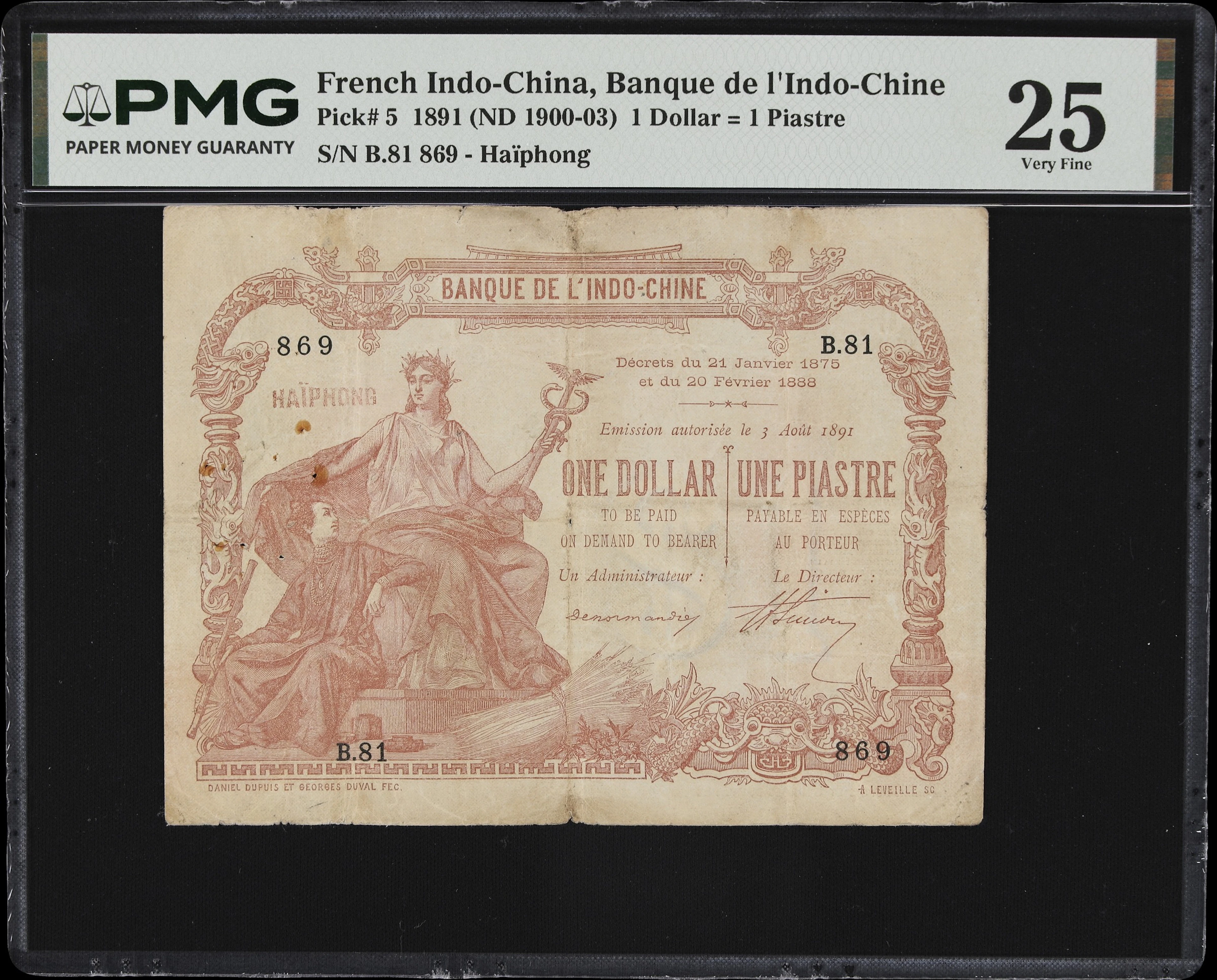 FRENCH INDO-CHINA. Banque de l'Indochine. 1 Dollar = 1 Piastre, 3.8.1891.