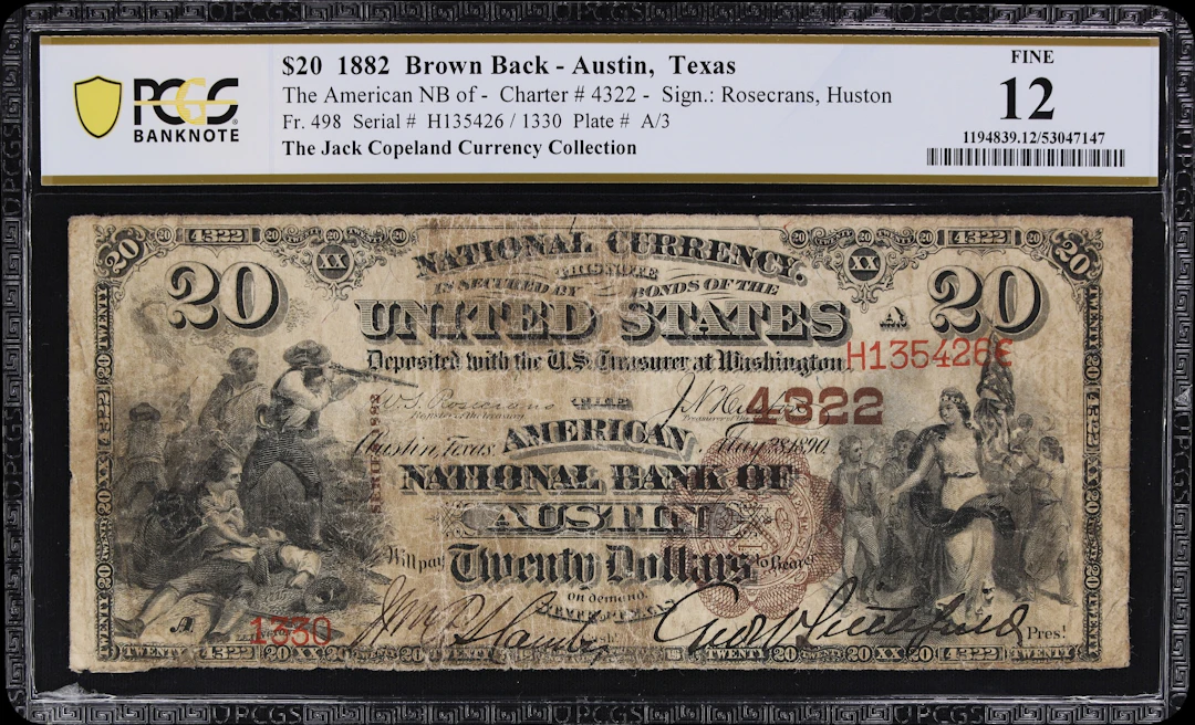Austin, Texas. $20 1882 Brown Back. Fr. 498. American NB. Charter