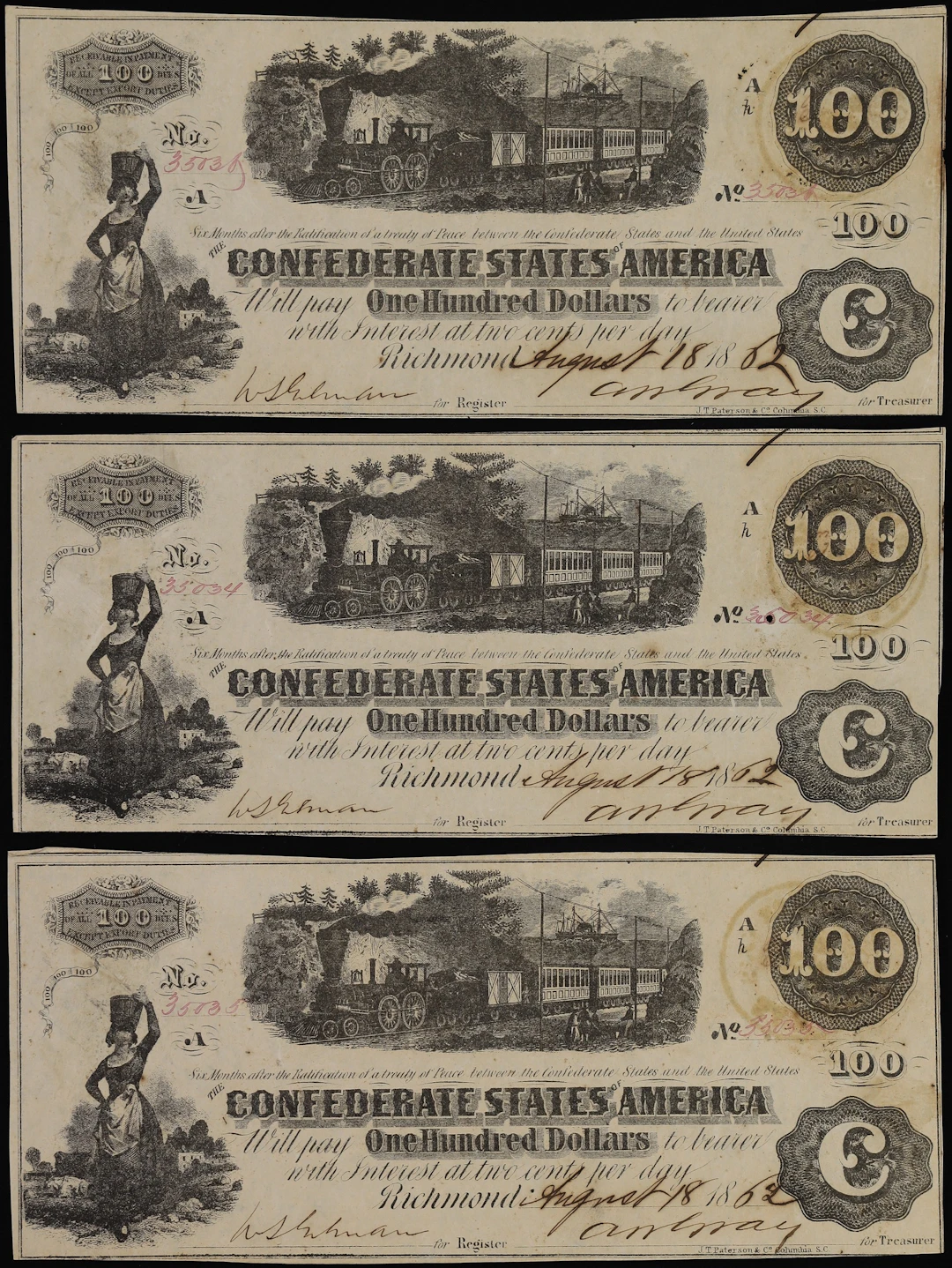 Lot of (3) T-40. Confederate Currency. 1862 $100. Extremely Fine to