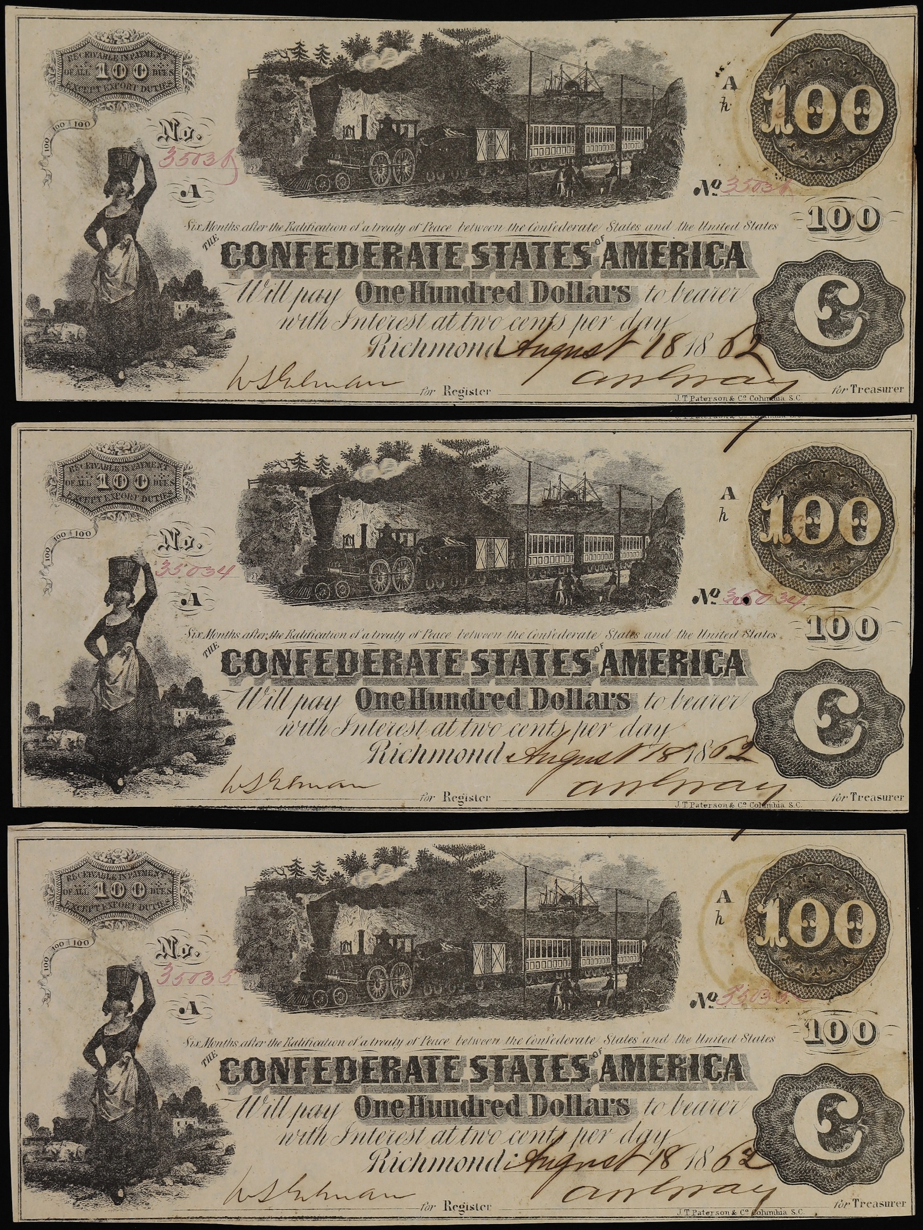 Lot of (3) T-40. Confederate Currency. 1862 $100. Extremely Fine to