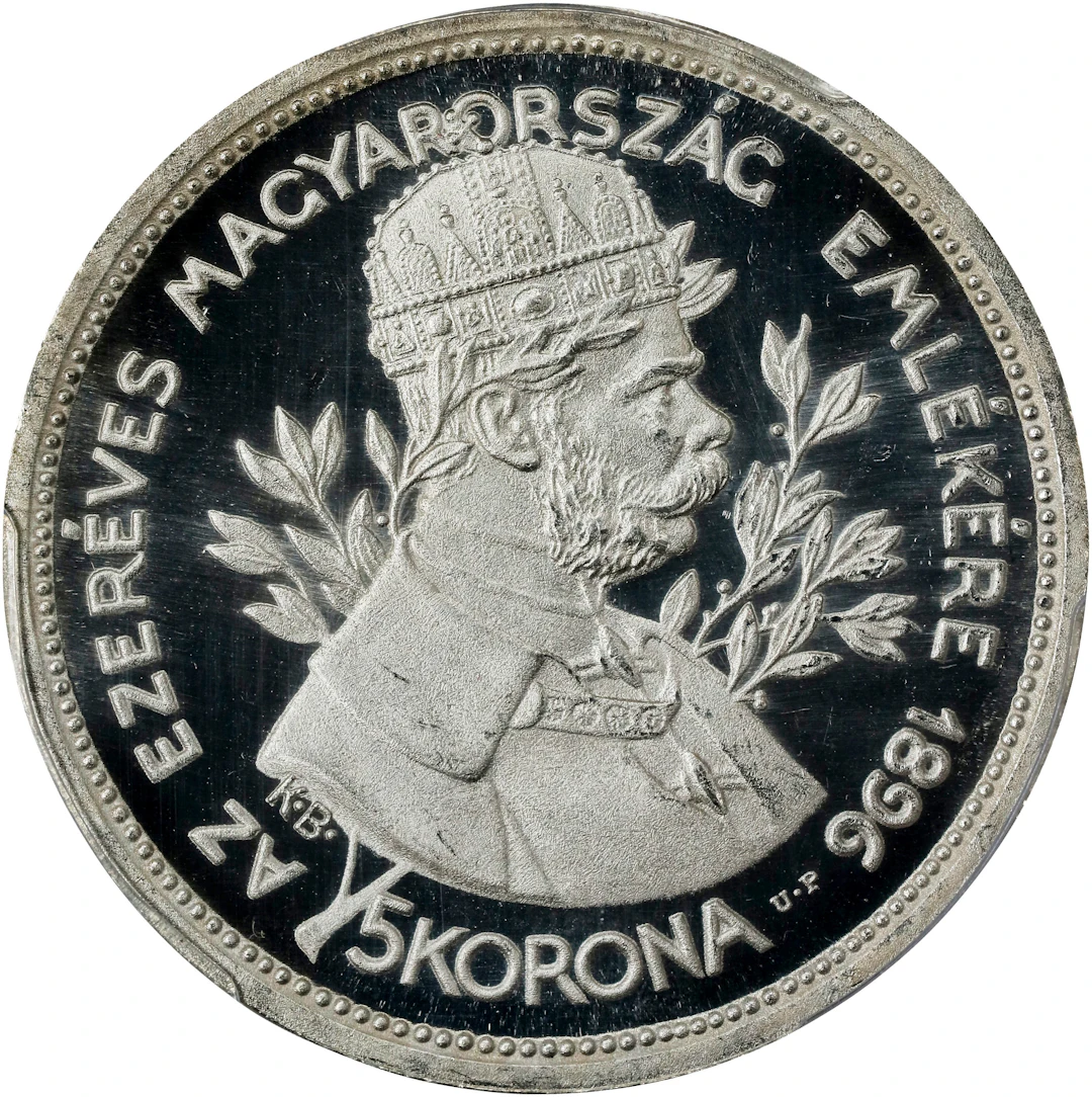 HUNGARY. 5 Korona Restrike, "1896"-KB UP. Kremnica Mint. PCGS PROOF-67