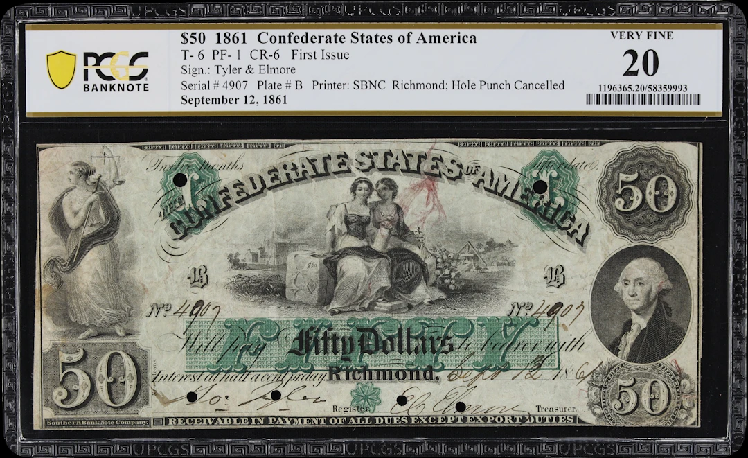 T-6. Confederate Currency. 1861 $50. PCGS Banknote Very Fine 20.