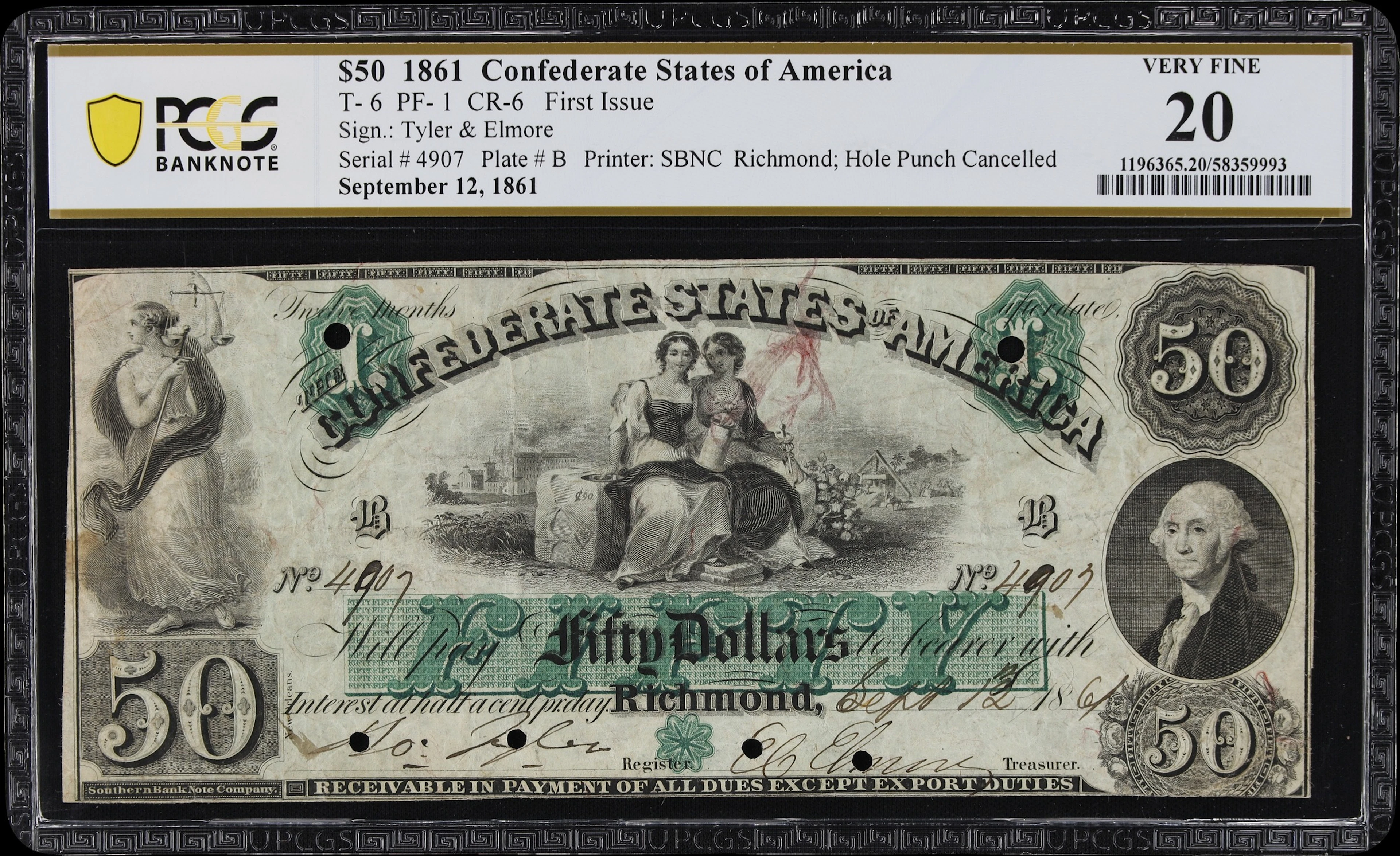 T-6. Confederate Currency. 1861 $50. PCGS Banknote Very Fine 20.