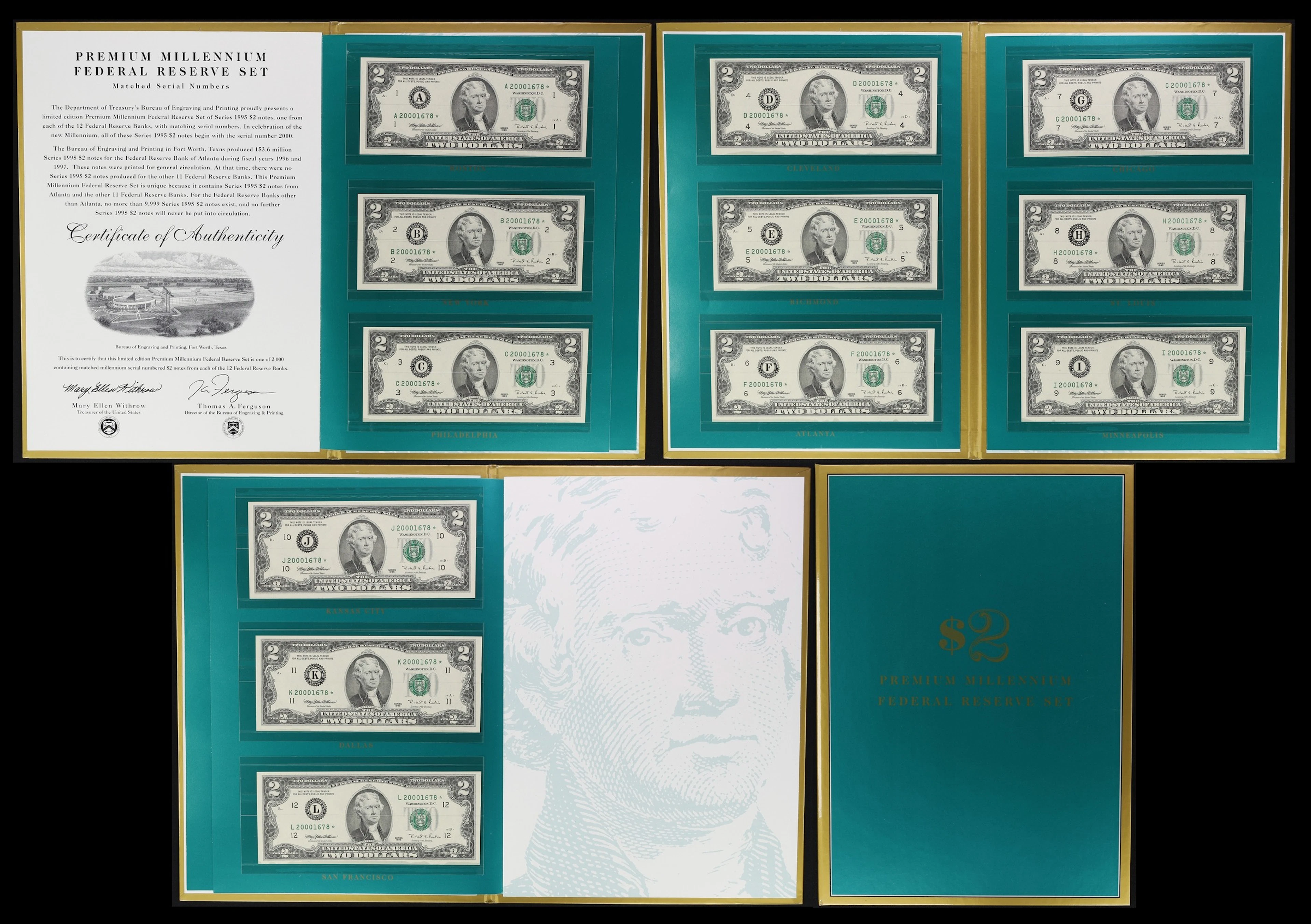 Book of (12) Fr. 1936-A* to 1936-L*. 1995 $2 Federal Reserve Star