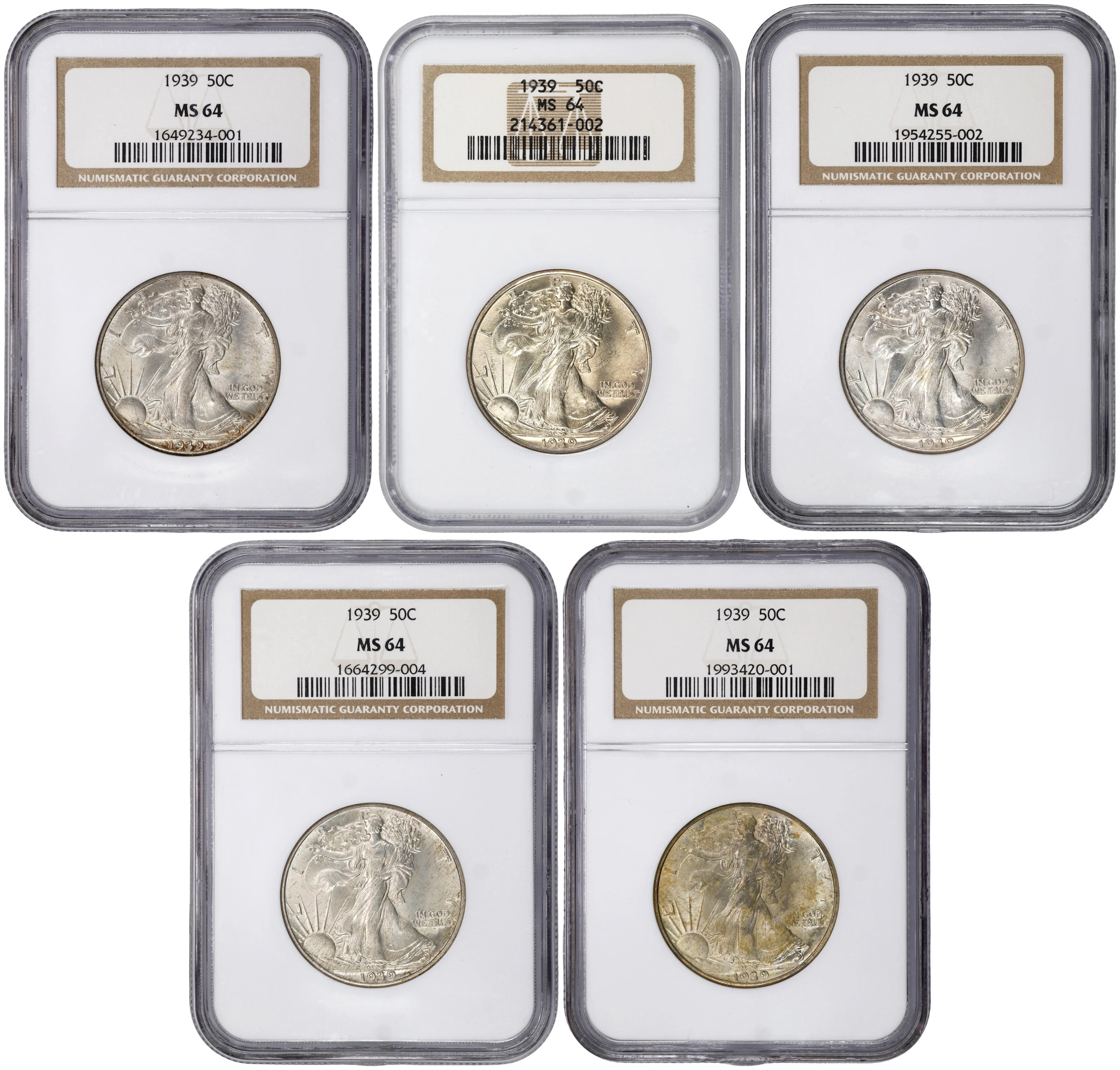 Lot of (5) 1939 Walking Liberty Half Dollars. MS-64 (NGC).