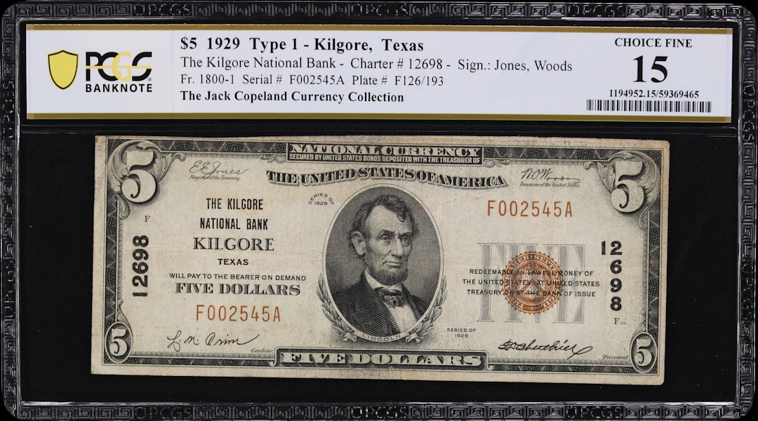 Kilgore, Texas. $5 1929 Ty. 1. Fr. 1800-1. Kilgore NB. Charter #12698.